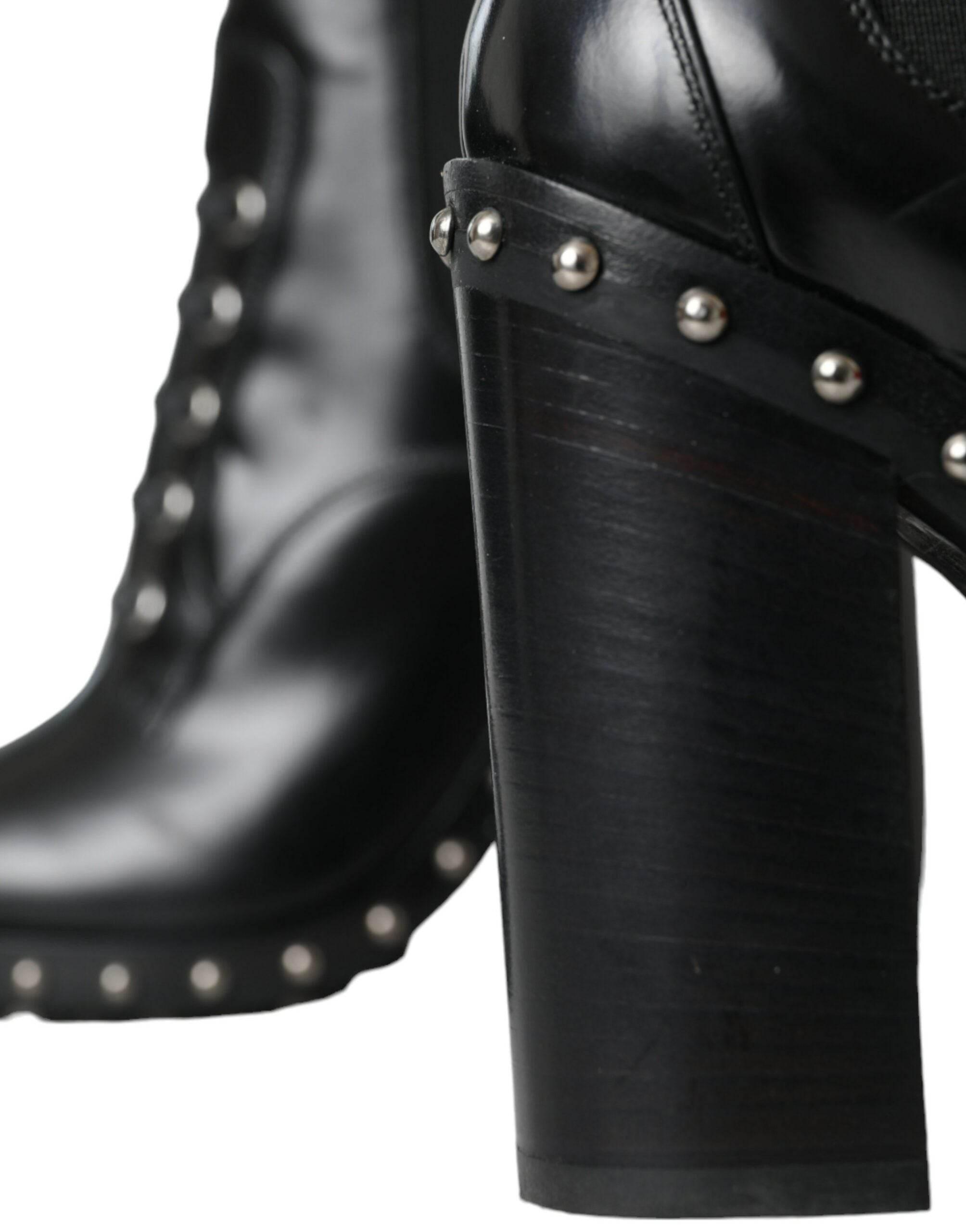 Dolce & Gabbana Black Leather Studded Lace Up Boots Shoes - Hilstor
