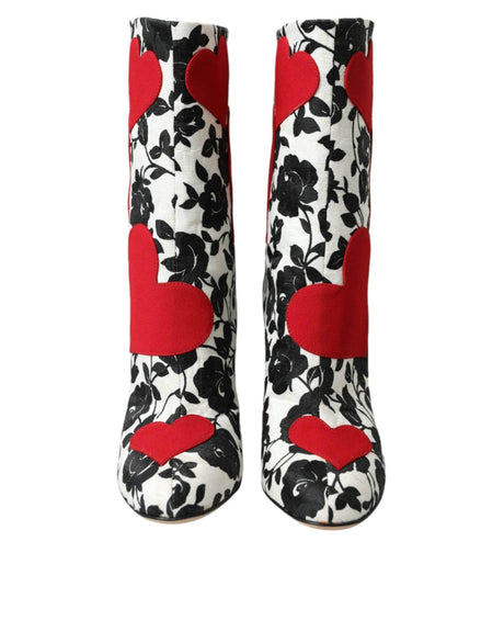 Dolce & Gabbana White Floral Hearts Leather High Boots Shoes - Hilstor