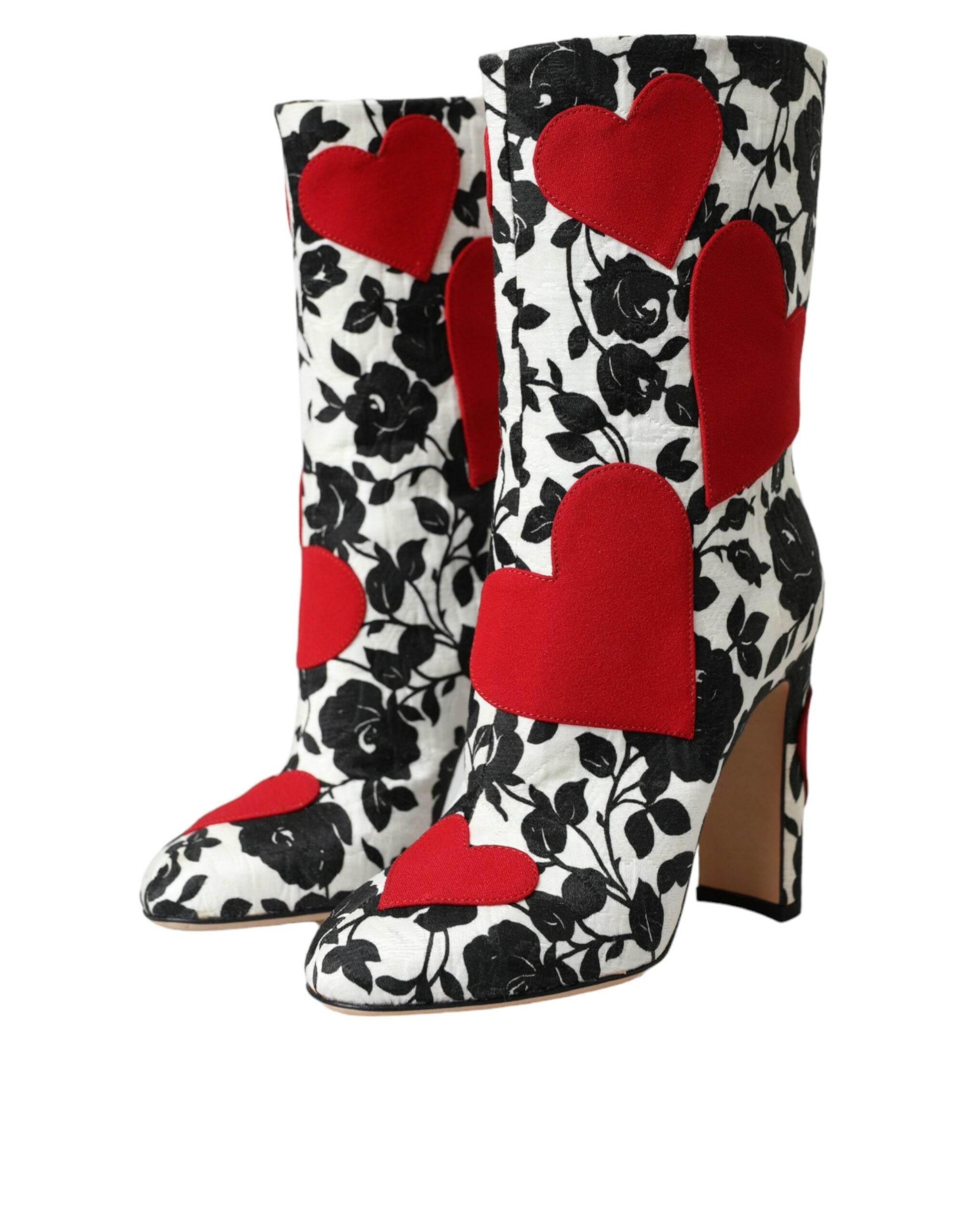 Dolce & Gabbana White Floral Hearts Leather High Boots Shoes - Hilstor
