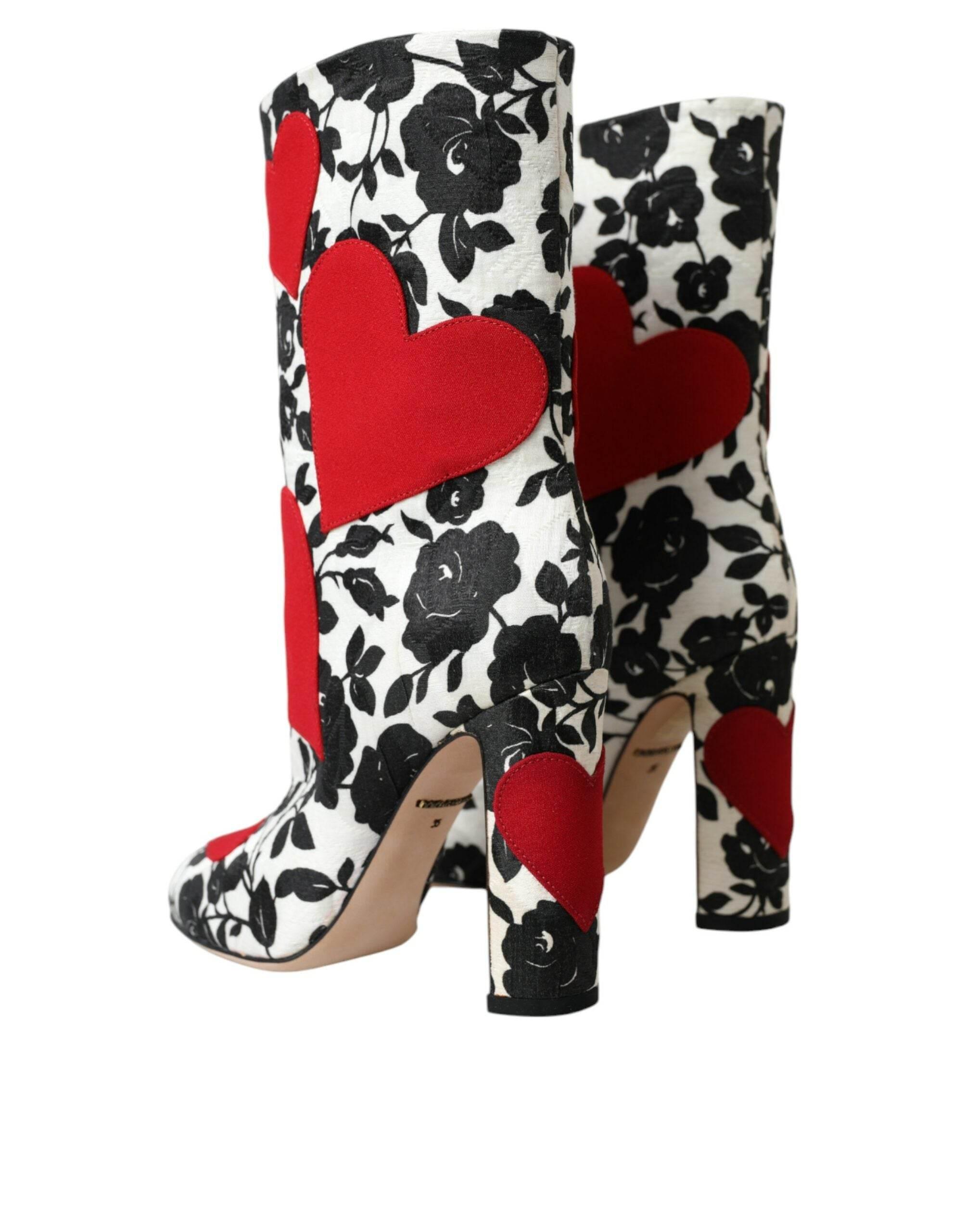 Dolce & Gabbana White Floral Hearts Leather High Boots Shoes - Hilstor