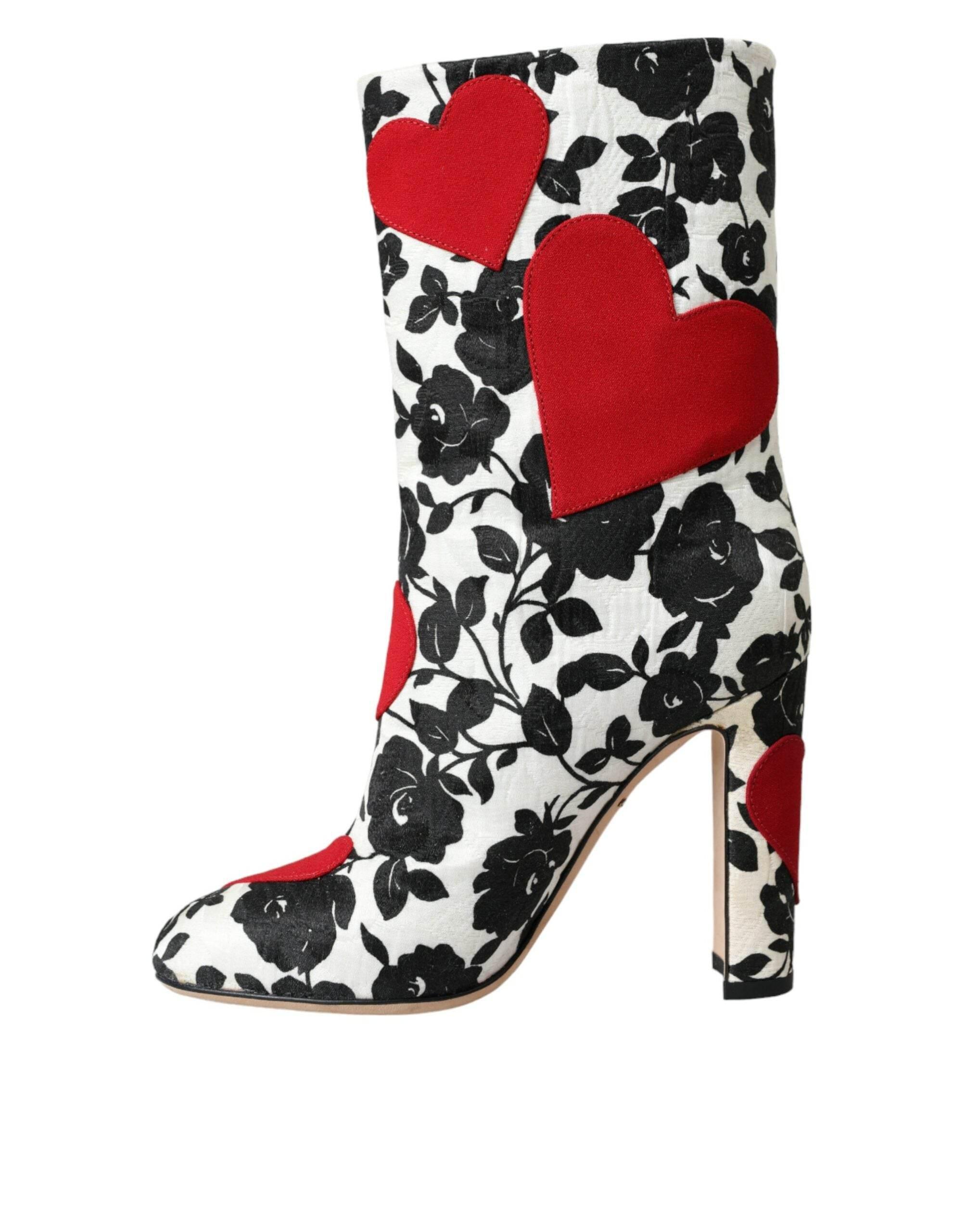Dolce & Gabbana White Floral Hearts Leather High Boots Shoes - Hilstor