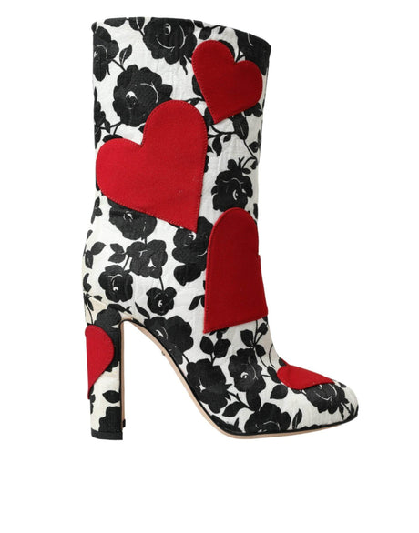 Dolce & Gabbana White Floral Hearts Leather High Boots Shoes - Hilstor