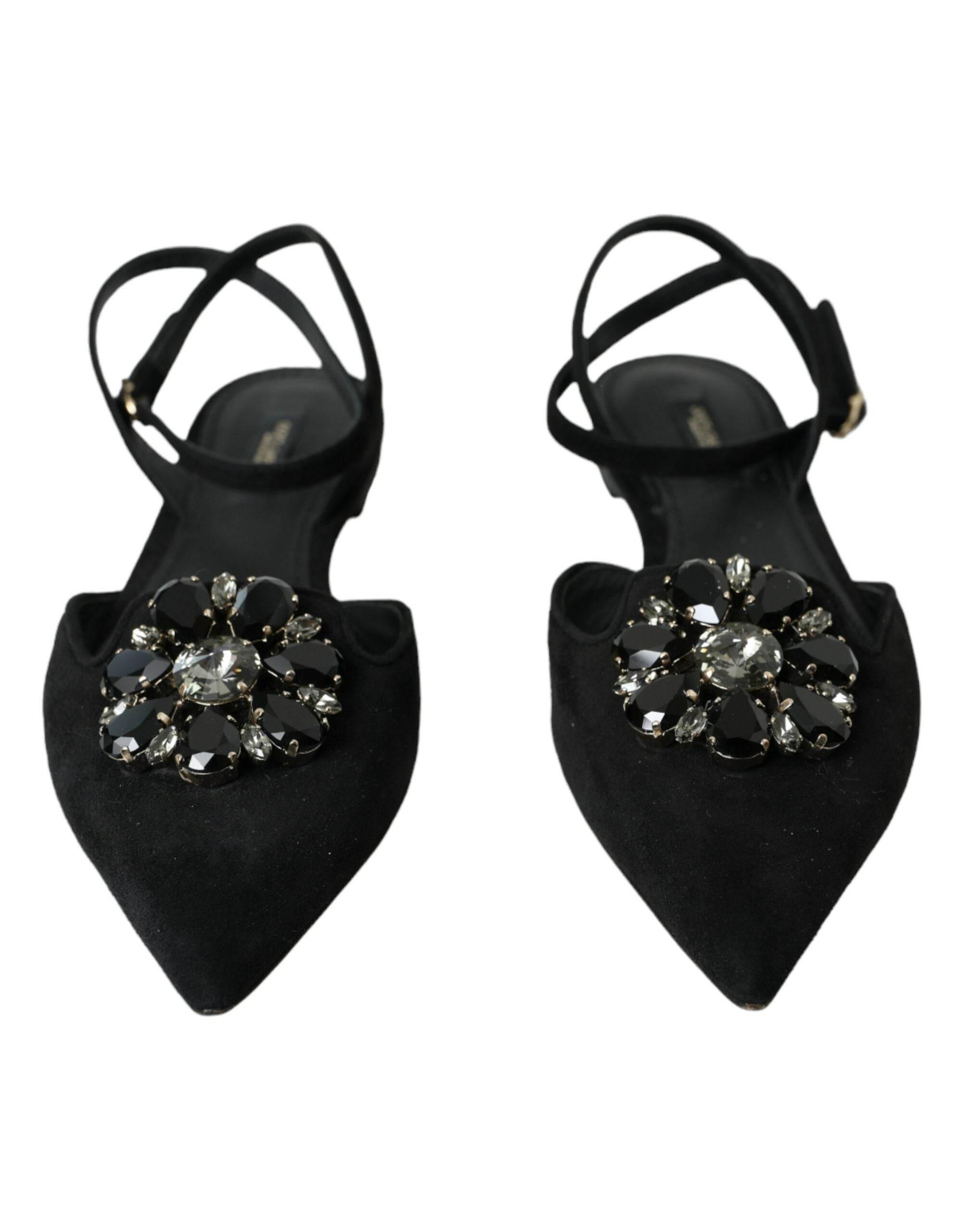 Dolce & Gabbana Black Leather Crystal Slingback Sandals Shoes - Hilstor