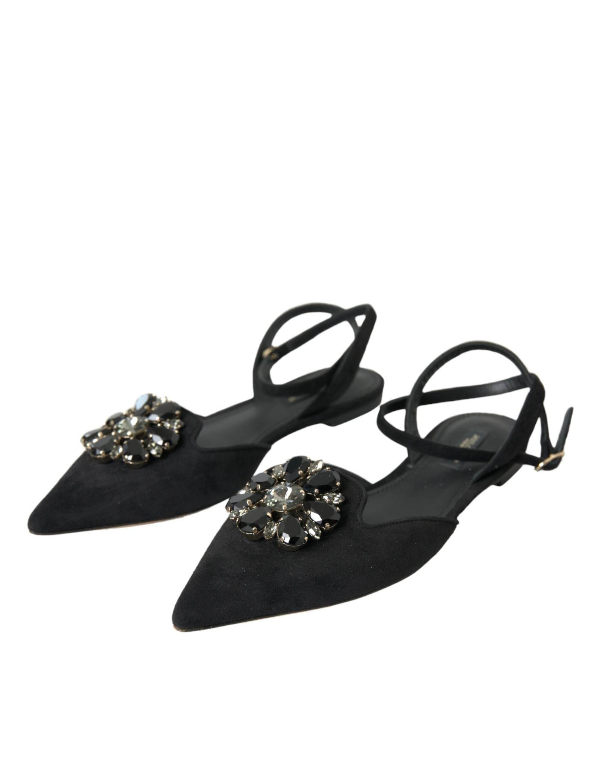 Dolce & Gabbana Black Leather Crystal Slingback Sandals Shoes - Hilstor