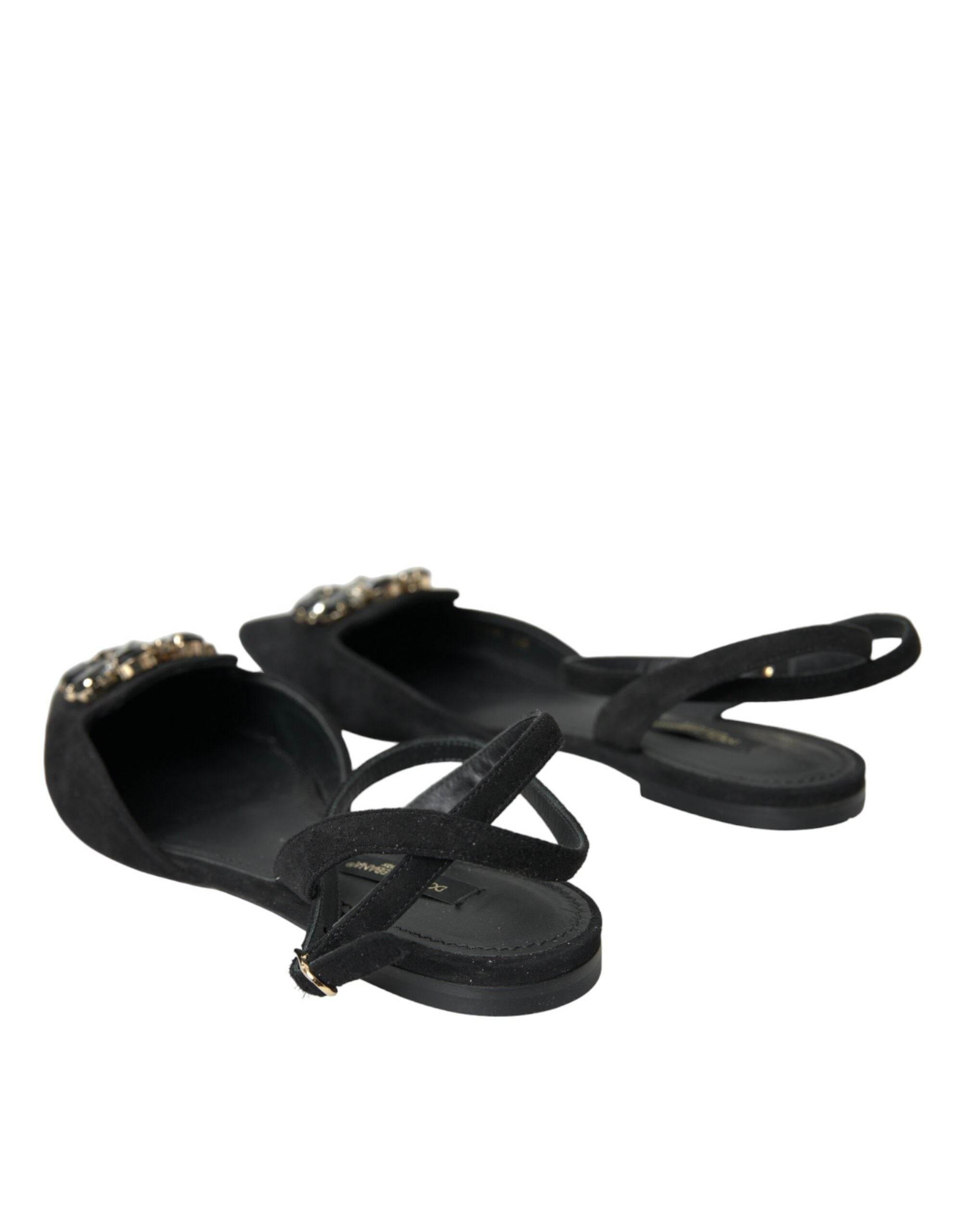 Dolce & Gabbana Black Leather Crystal Slingback Sandals Shoes - Hilstor