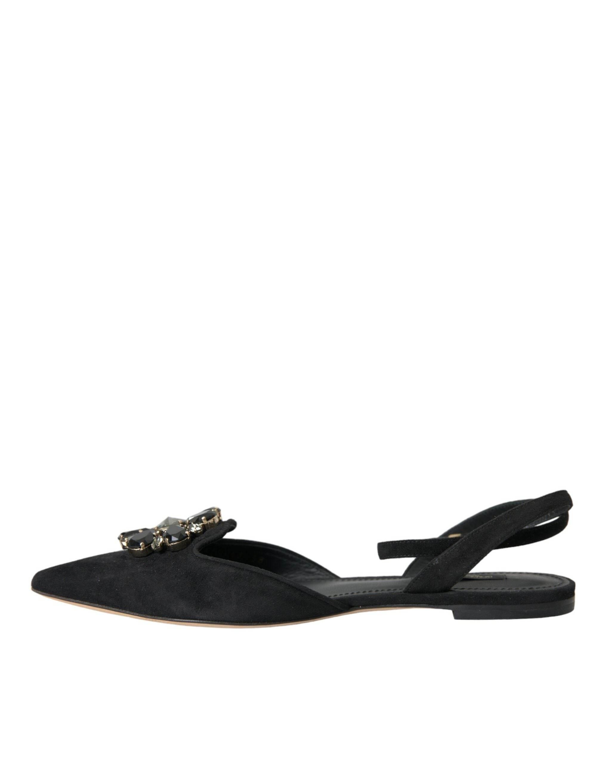 Dolce & Gabbana Black Leather Crystal Slingback Sandals Shoes - Hilstor