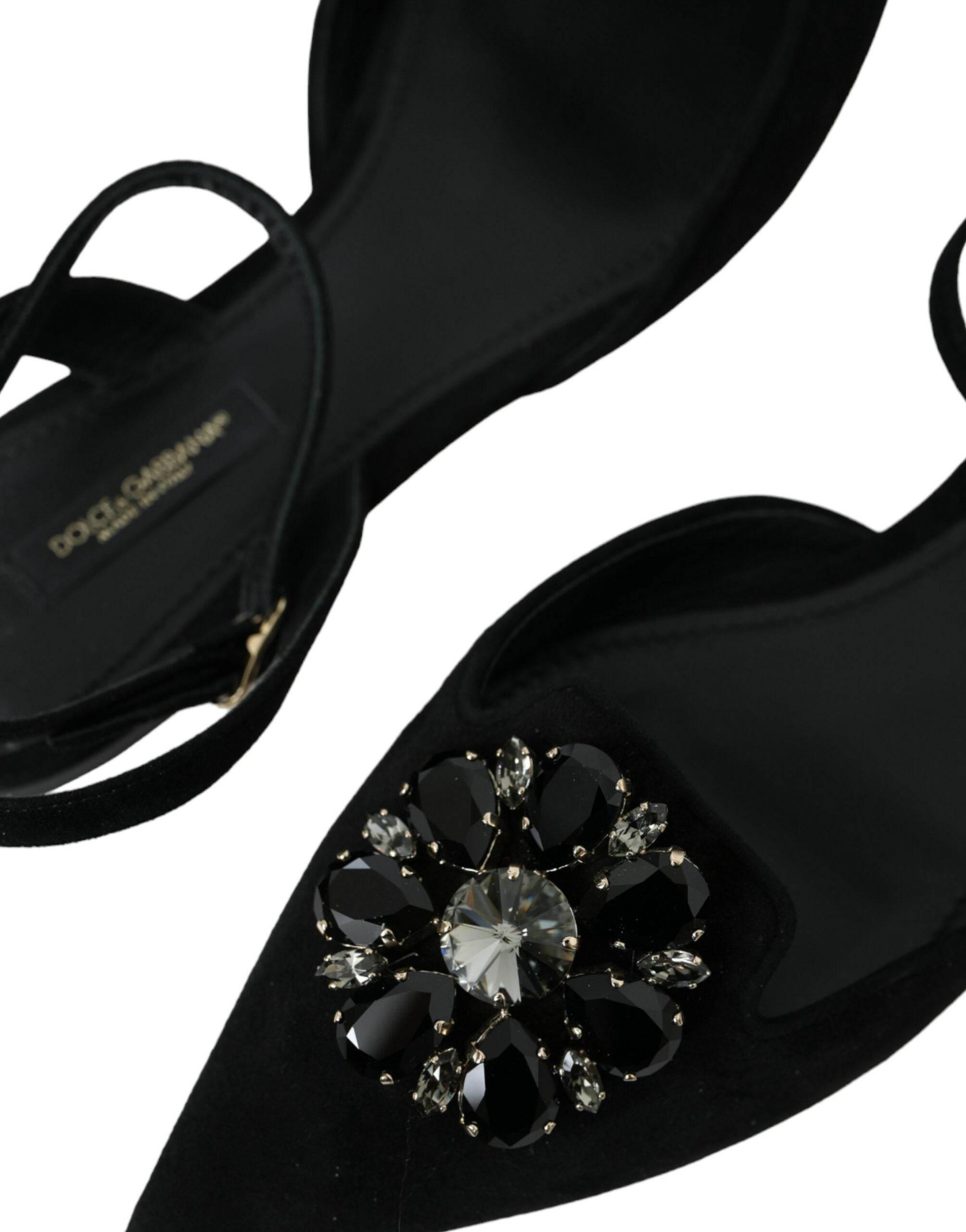 Dolce & Gabbana Black Leather Crystal Slingback Sandals Shoes - Hilstor