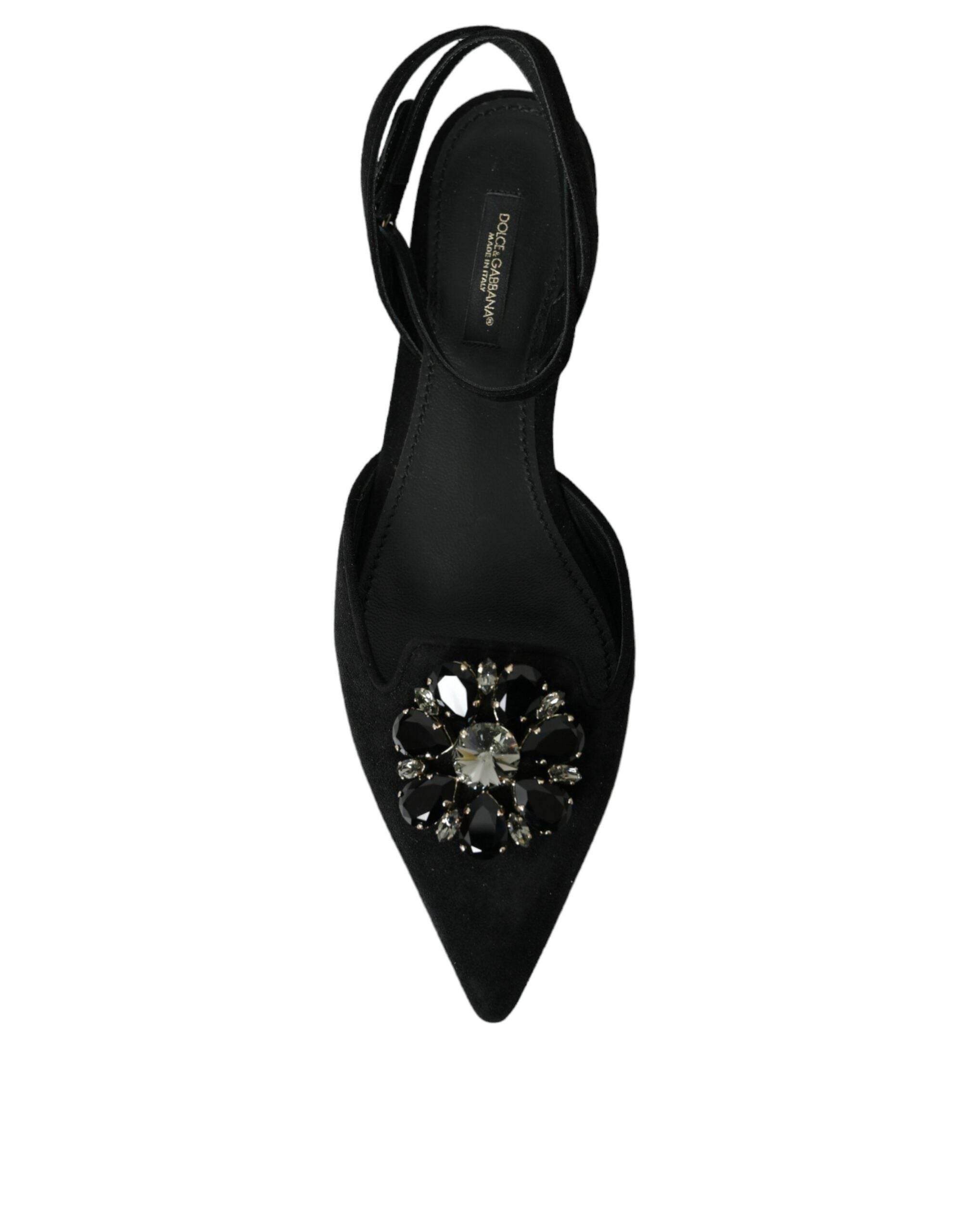 Dolce & Gabbana Black Leather Crystal Slingback Sandals Shoes - Hilstor