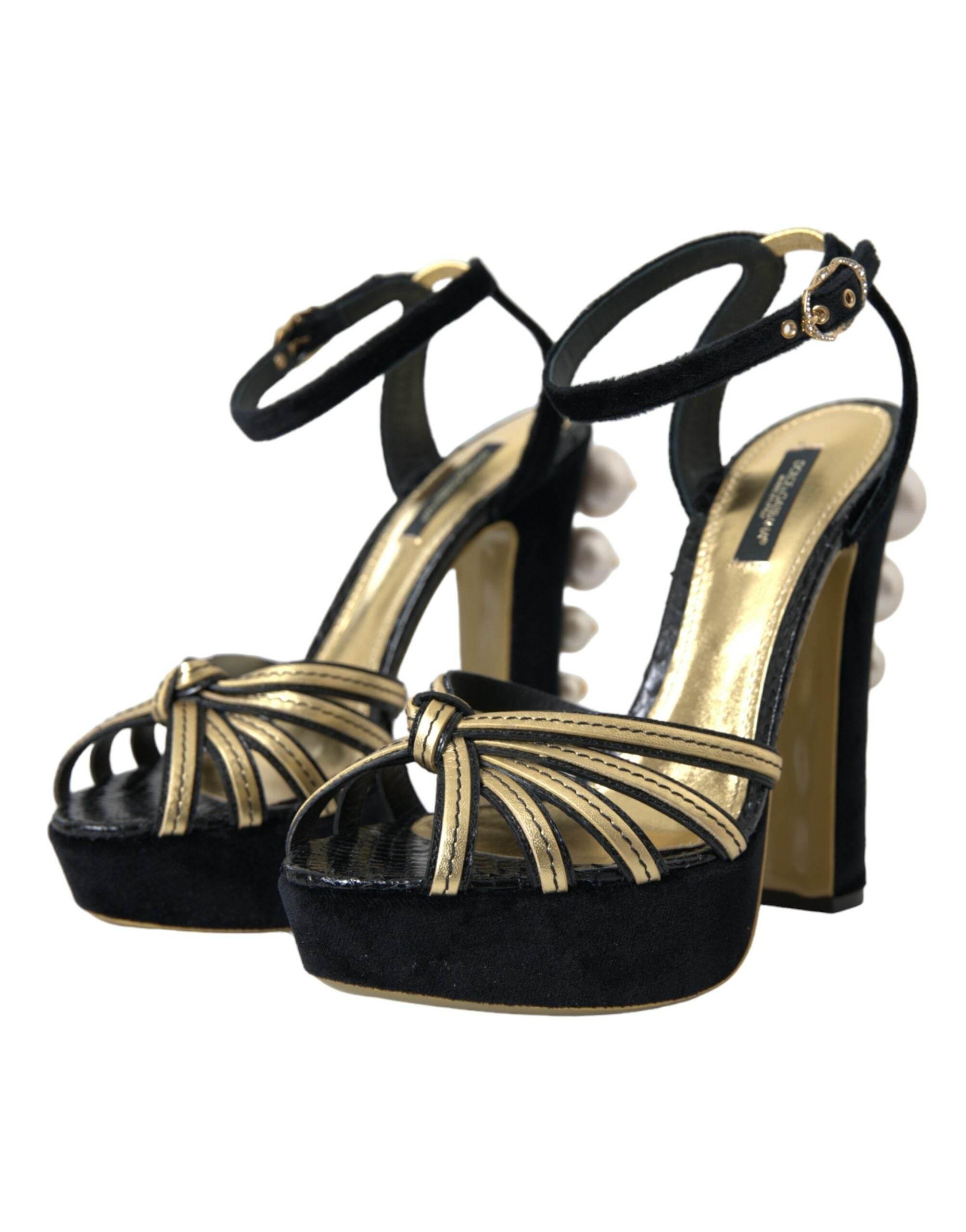 Dolce & Gabbana Black Gold Embellished Heels Sandals Shoes - Hilstor