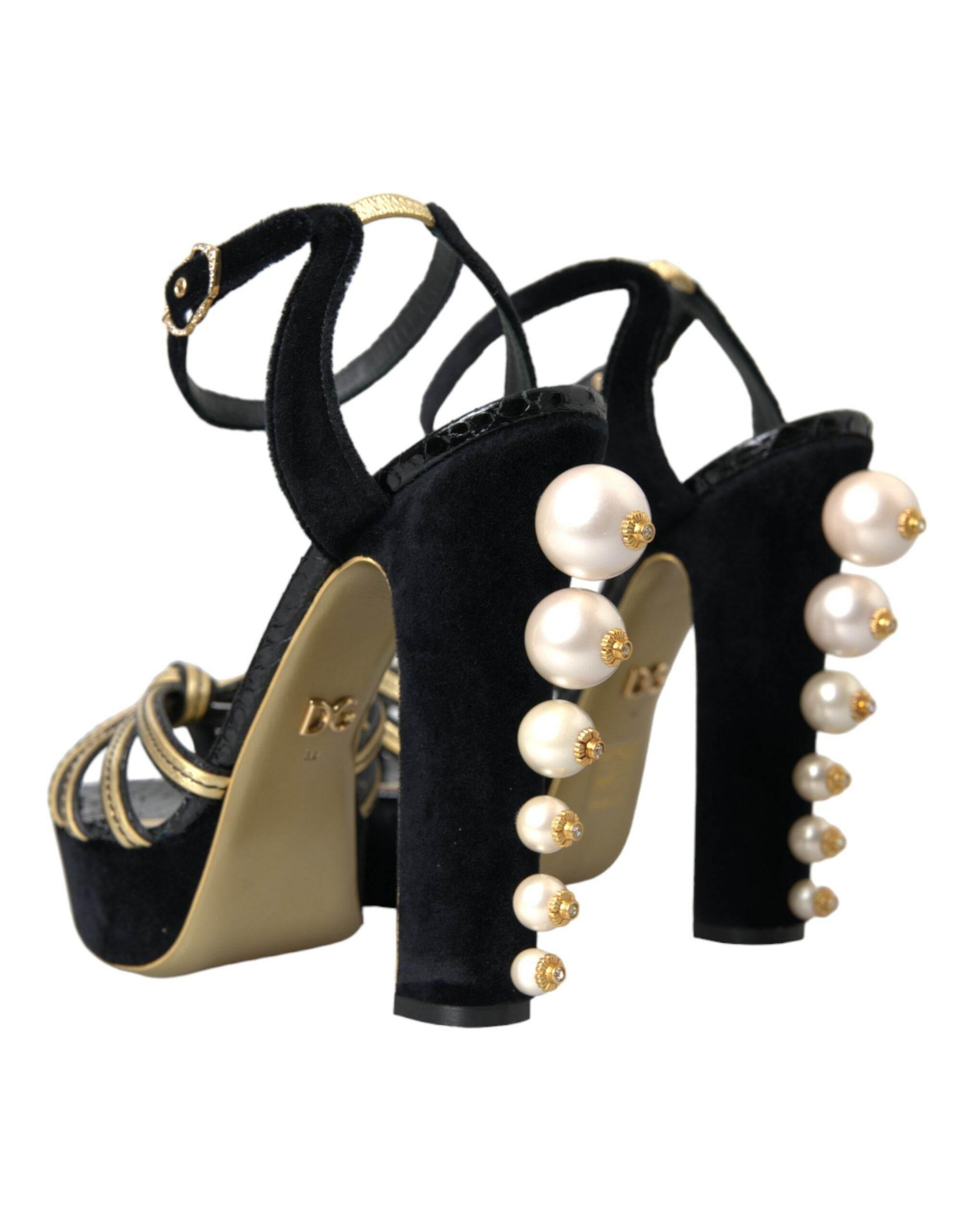 Dolce & Gabbana Black Gold Embellished Heels Sandals Shoes - Hilstor