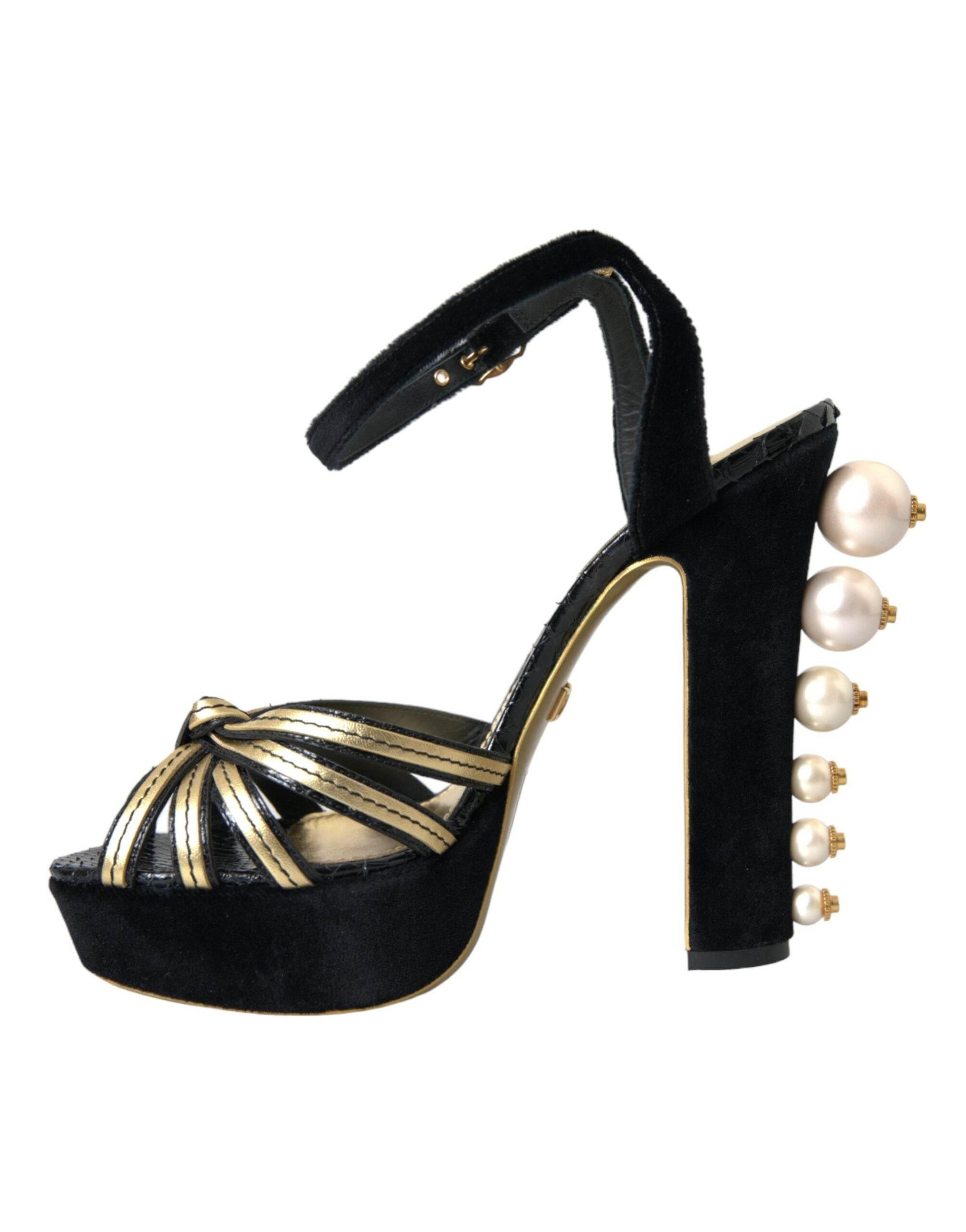 Dolce & Gabbana Black Gold Embellished Heels Sandals Shoes - Hilstor