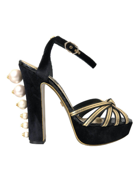 Dolce & Gabbana Black Gold Embellished Heels Sandals Shoes - Hilstor
