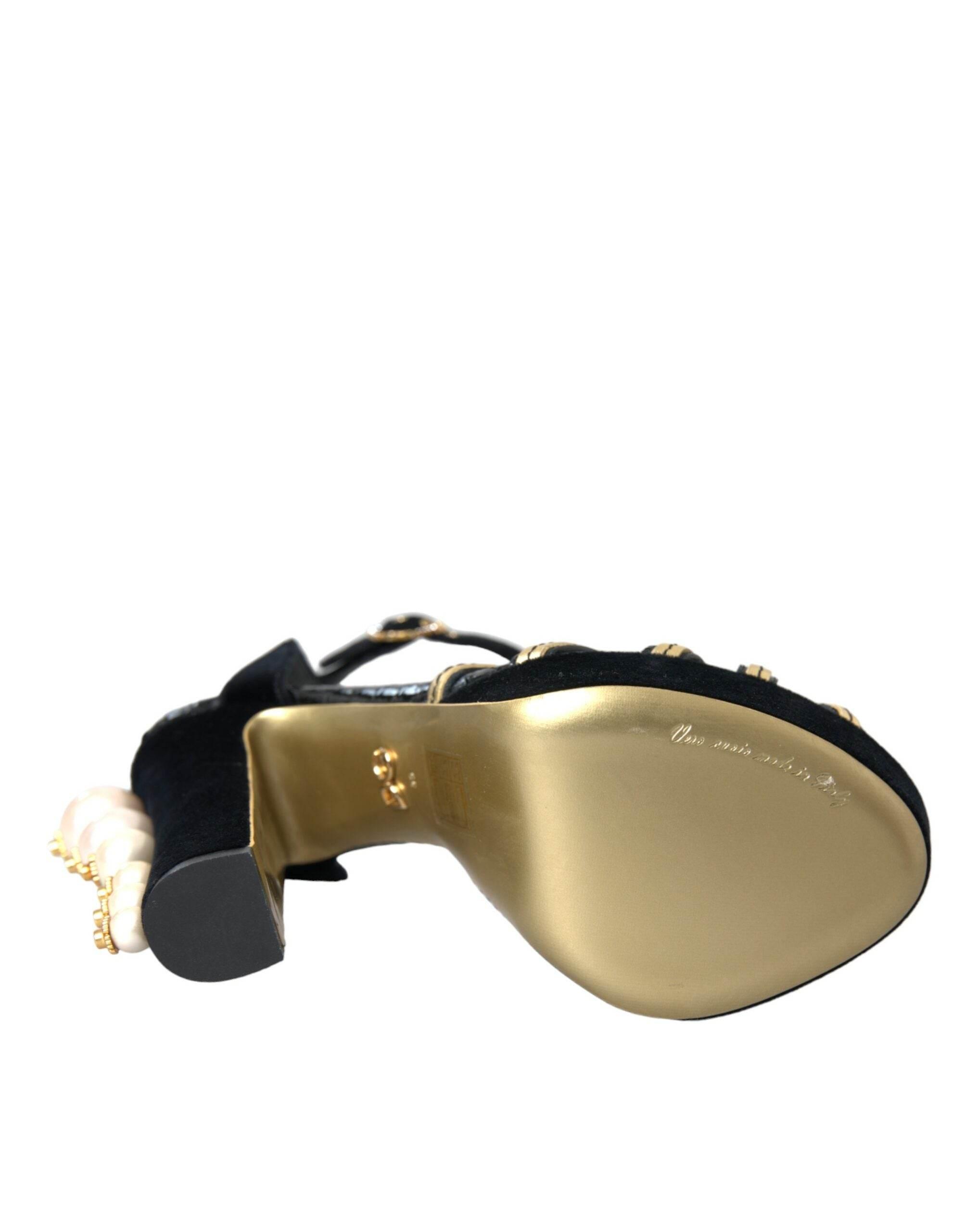 Dolce & Gabbana Black Gold Embellished Heels Sandals Shoes - Hilstor