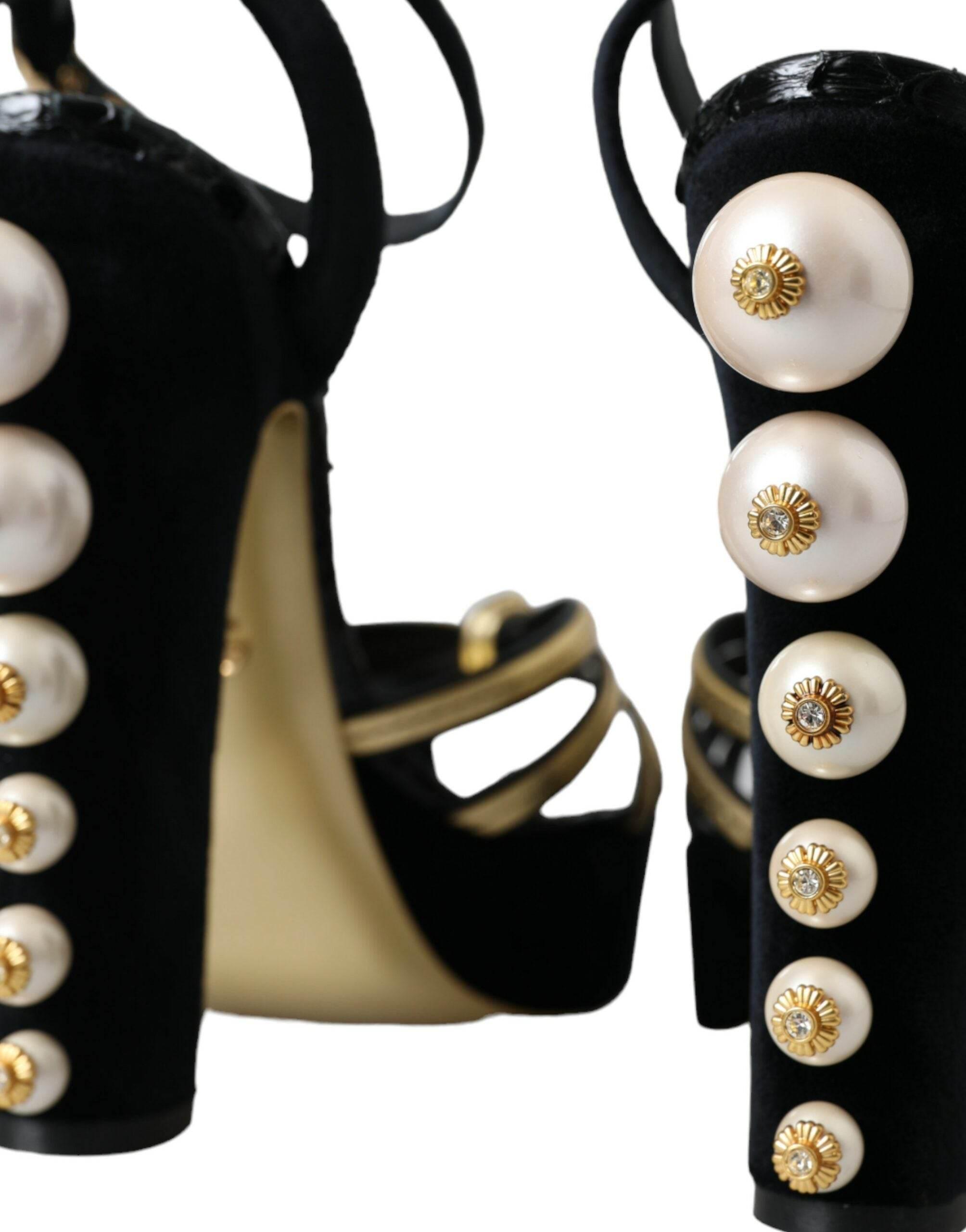 Dolce & Gabbana Black Gold Embellished Heels Sandals Shoes - Hilstor