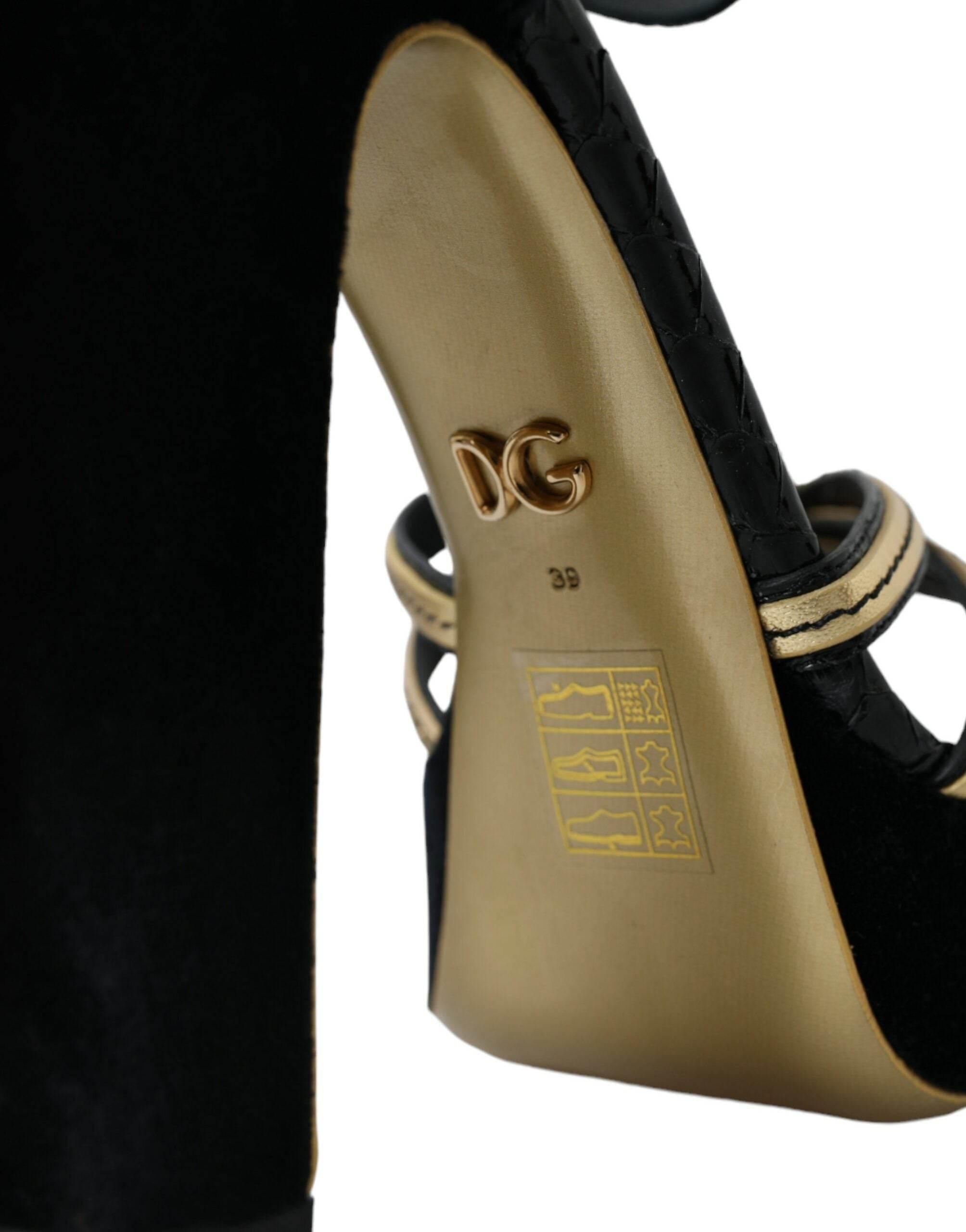 Dolce & Gabbana Black Gold Embellished Heels Sandals Shoes - Hilstor