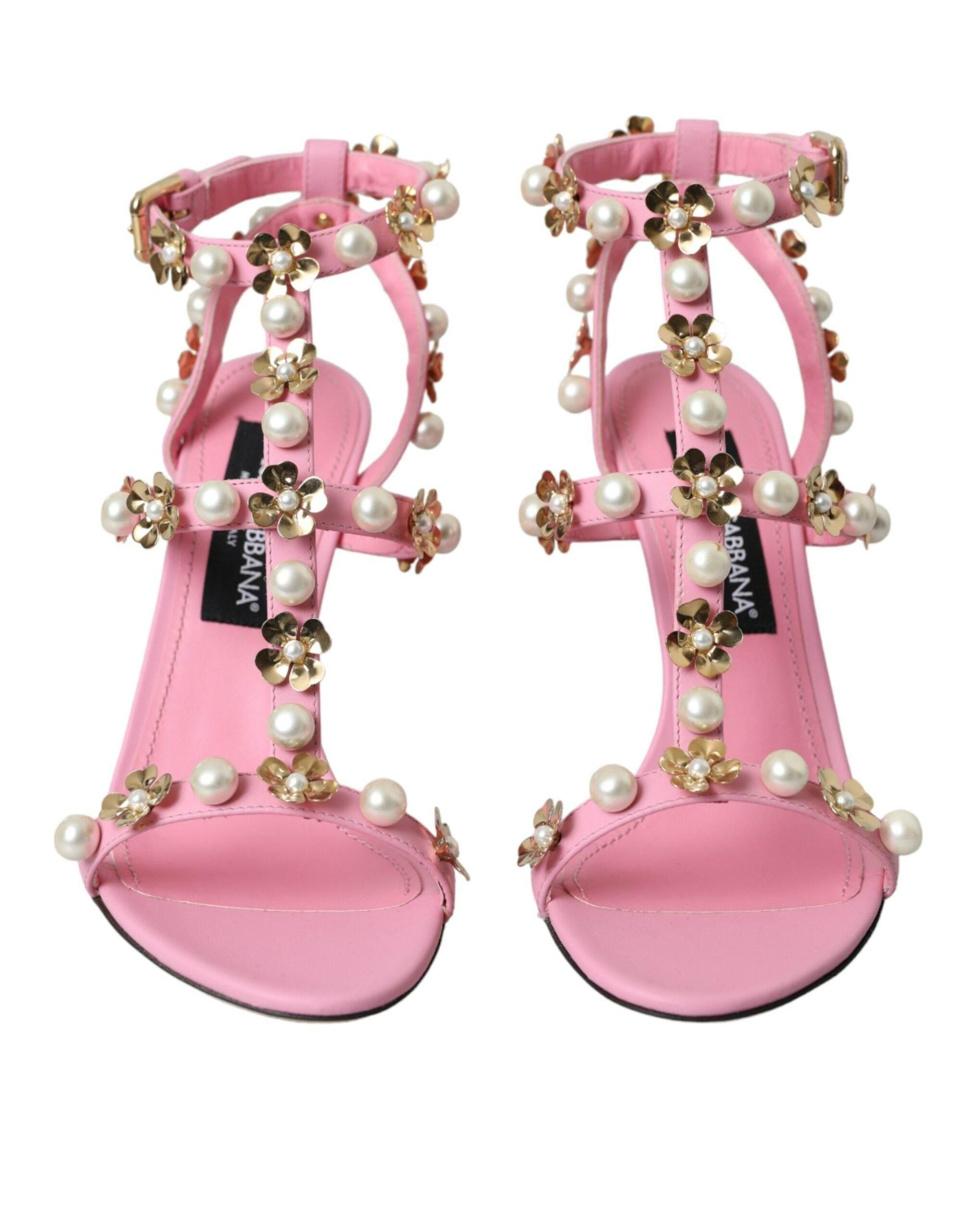 Dolce & Gabbana Pink Leather Embellished Heels Sandals Shoes - Hilstor