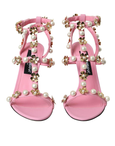 Dolce & Gabbana Pink Leather Embellished Heels Sandals Shoes - Hilstor