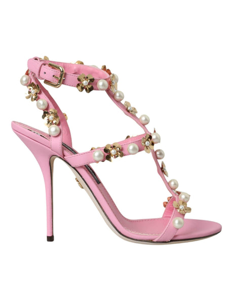 Dolce & Gabbana Pink Leather Embellished Heels Sandals Shoes - Hilstor