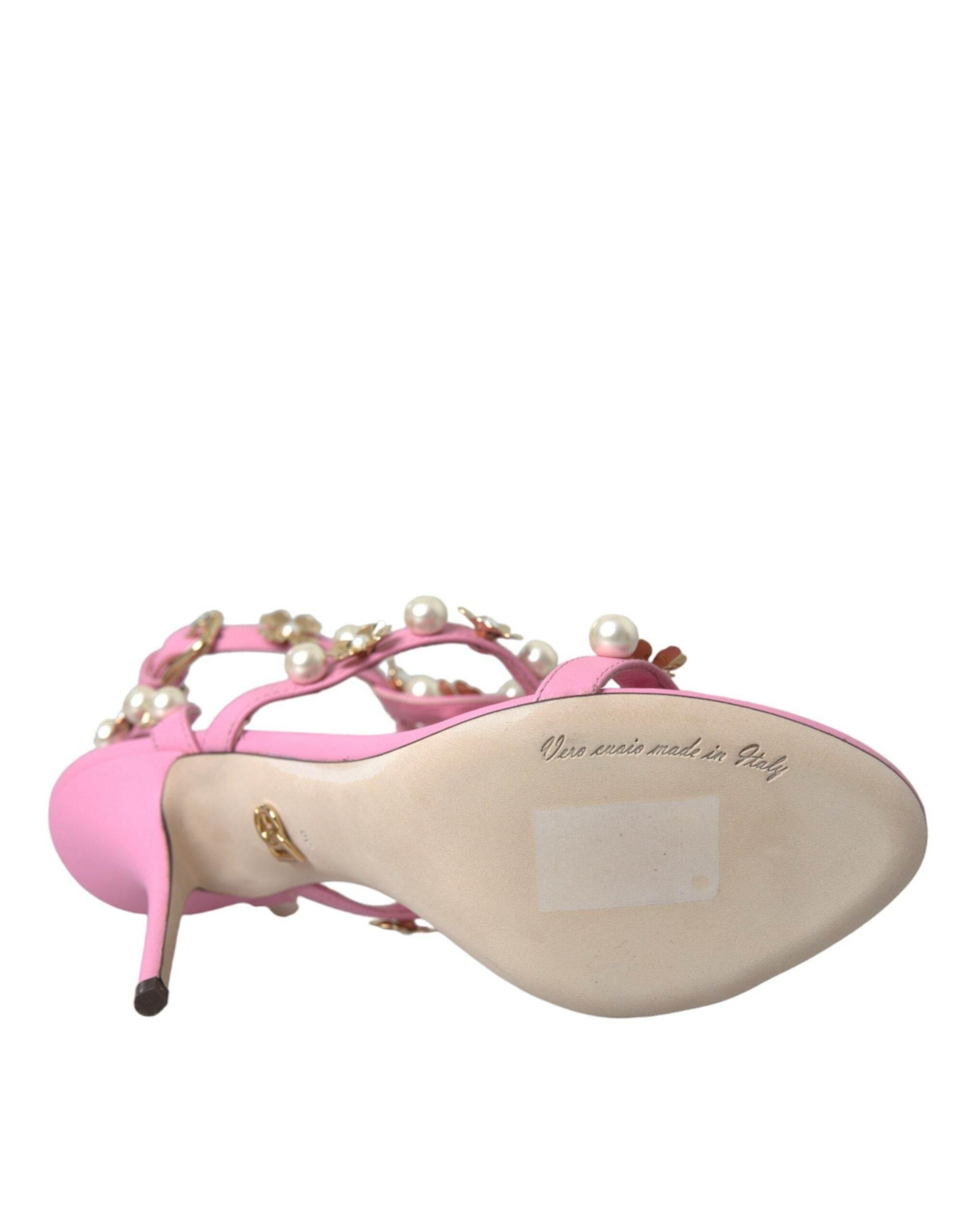 Dolce & Gabbana Pink Leather Embellished Heels Sandals Shoes - Hilstor