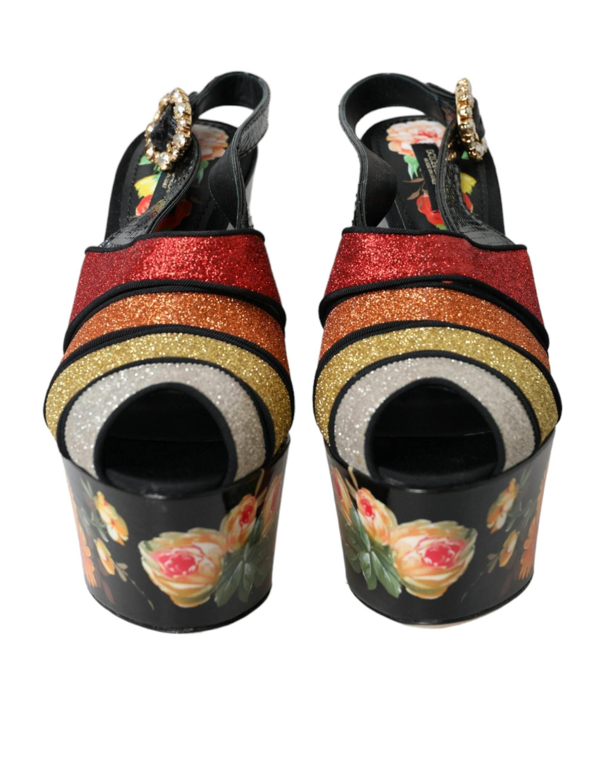 Dolce & Gabbana Multicolor Floral Crystal Platform Sandals Shoes - Hilstor