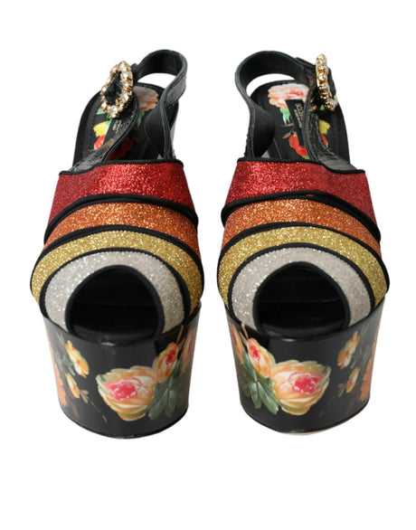 Dolce & Gabbana Multicolor Floral Crystal Platform Sandals Shoes - Hilstor