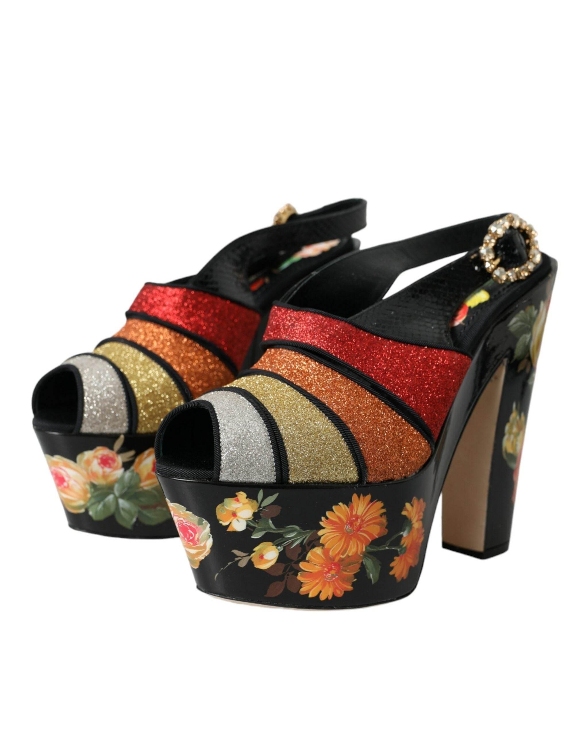 Dolce & Gabbana Multicolor Floral Crystal Platform Sandals Shoes - Hilstor