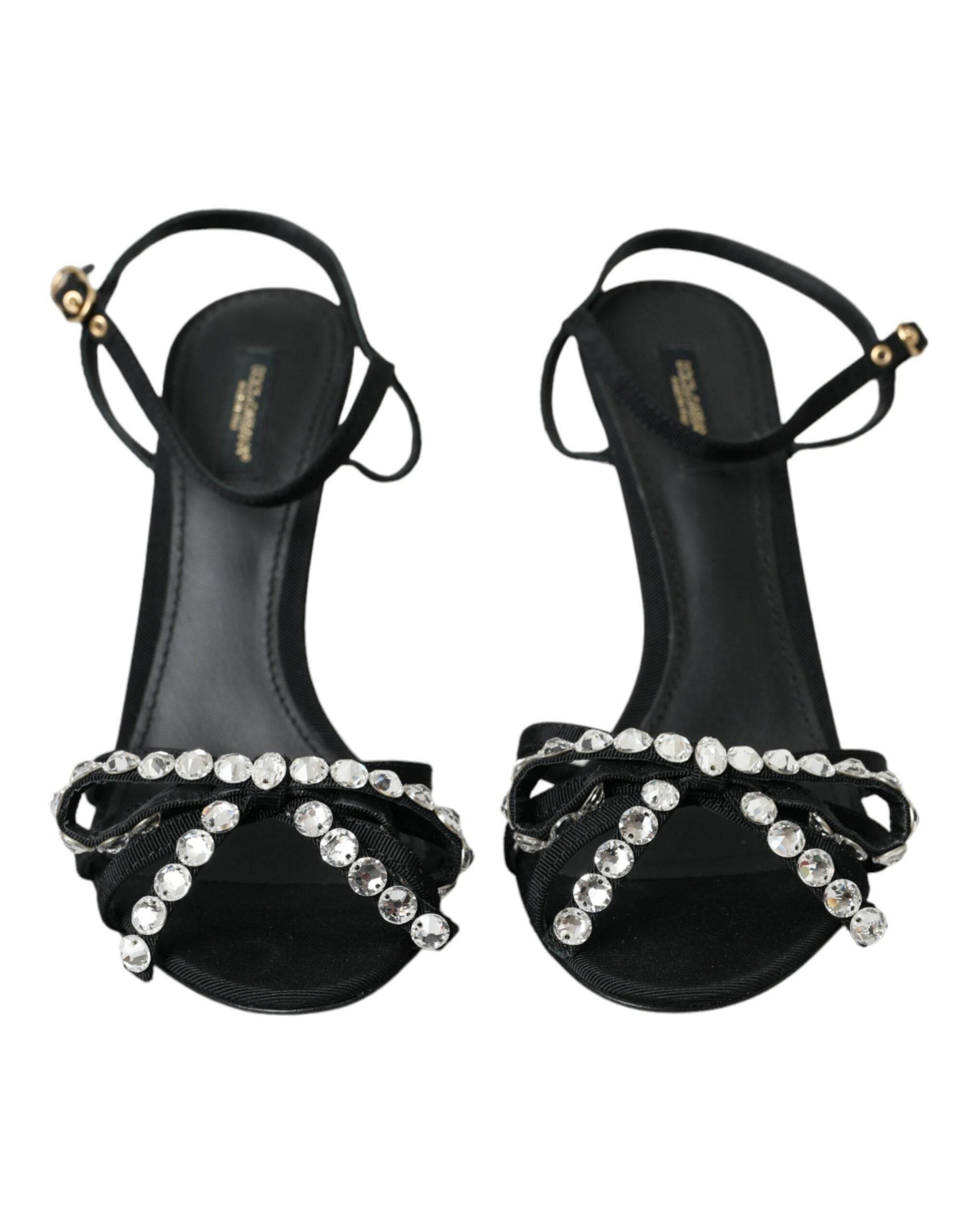 Dolce & Gabbana Black Viscose Crystal Bow Heels Sandals Shoes - Hilstor