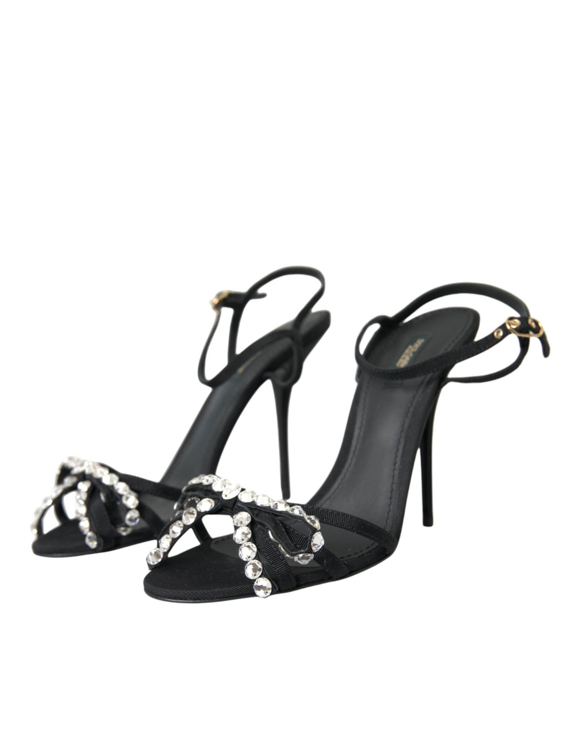 Dolce & Gabbana Black Viscose Crystal Bow Heels Sandals Shoes - Hilstor