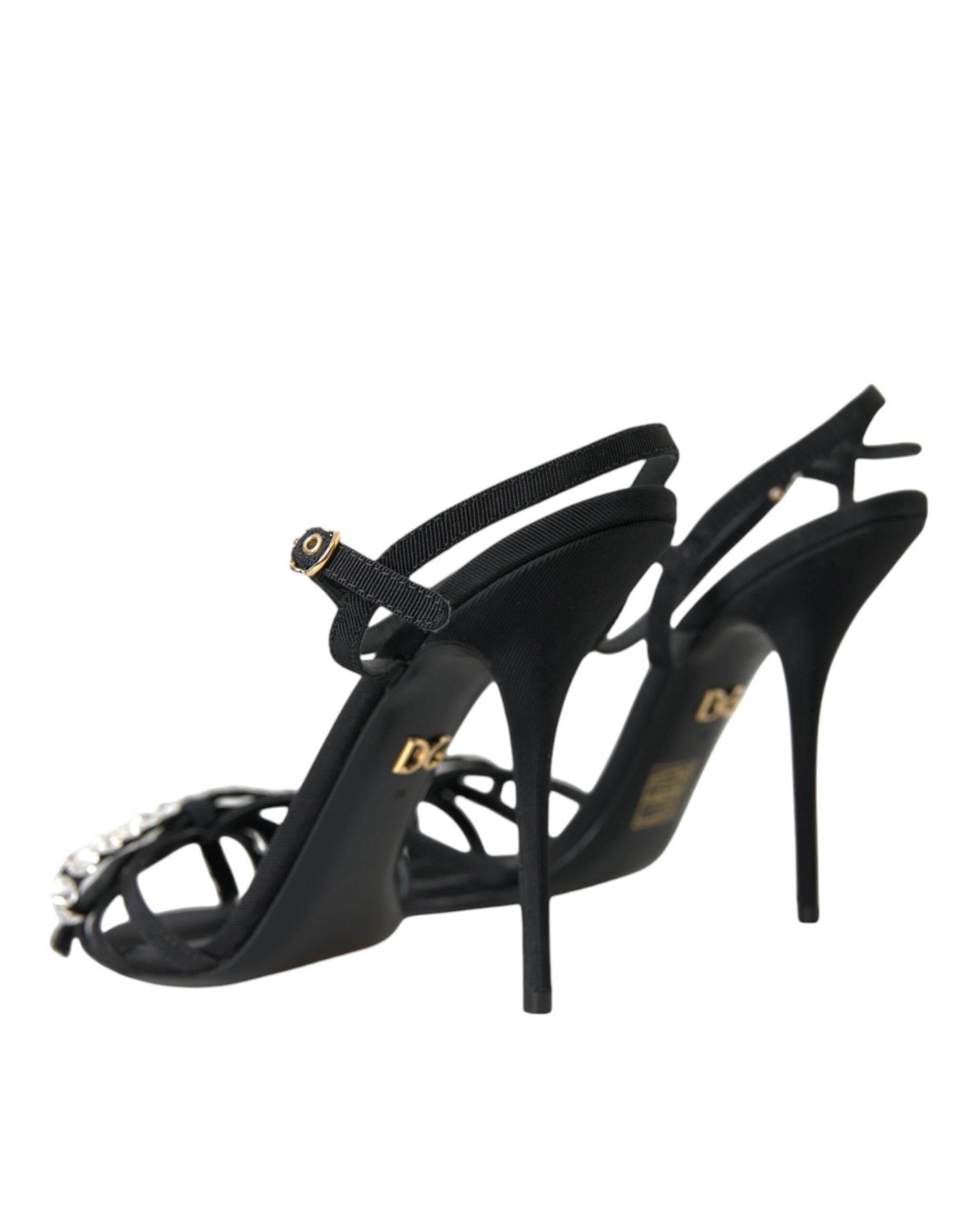 Dolce & Gabbana Black Viscose Crystal Bow Heels Sandals Shoes - Hilstor