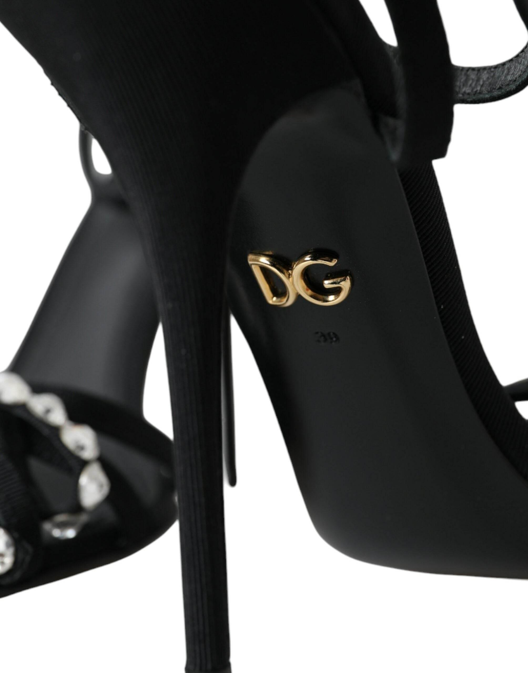 Dolce & Gabbana Black Viscose Crystal Bow Heels Sandals Shoes - Hilstor