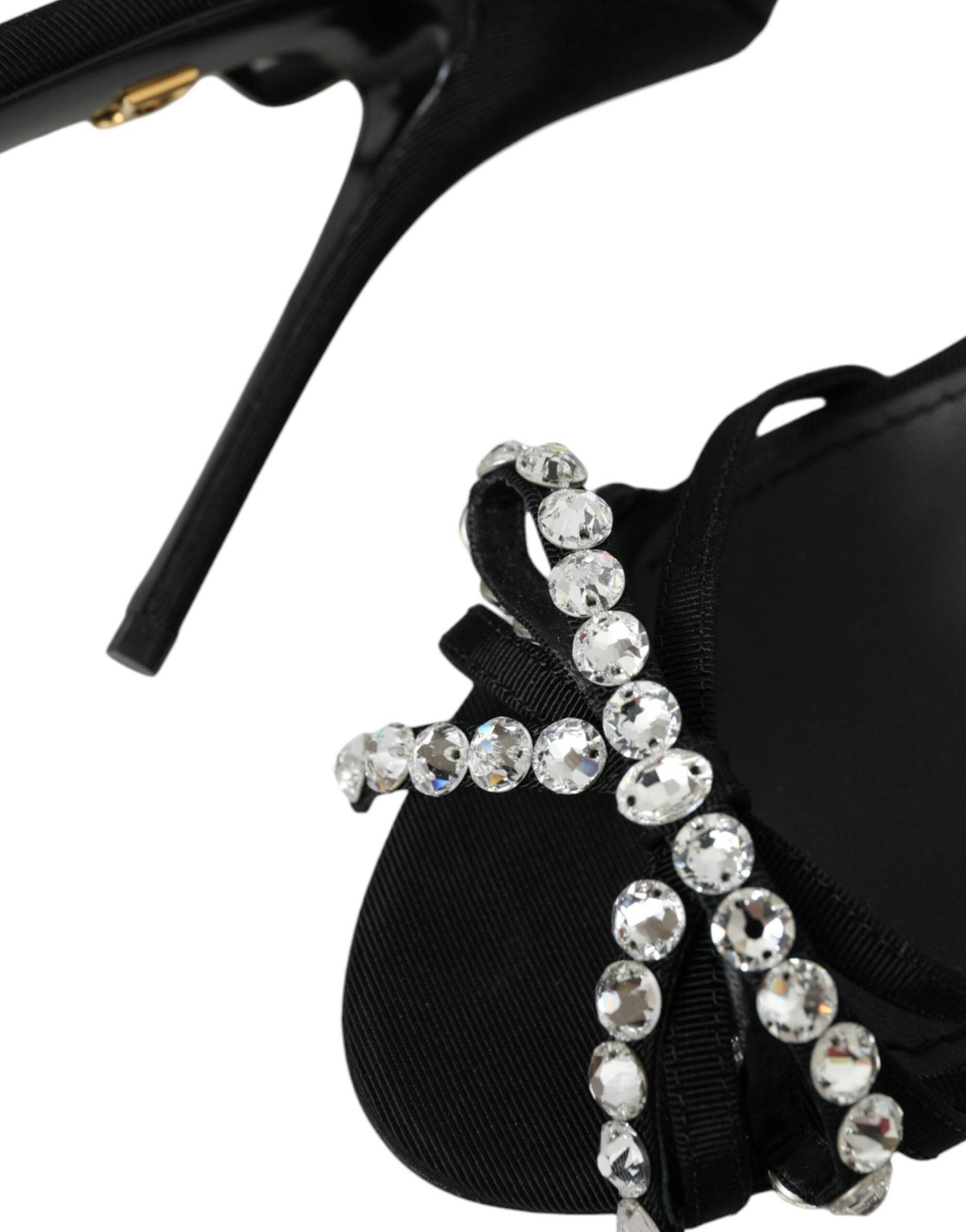 Dolce & Gabbana Black Viscose Crystal Bow Heels Sandals Shoes - Hilstor