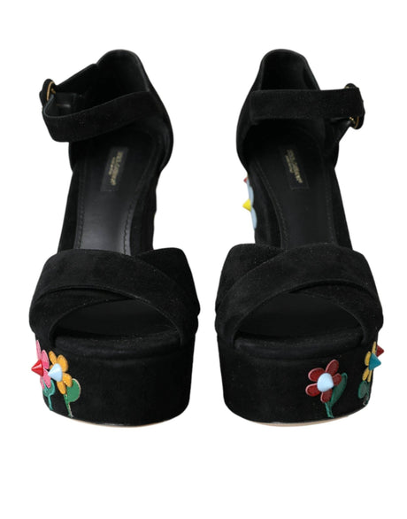 Dolce & Gabbana Black Floral Ankle Strap Heels Sandals Shoes - Hilstor