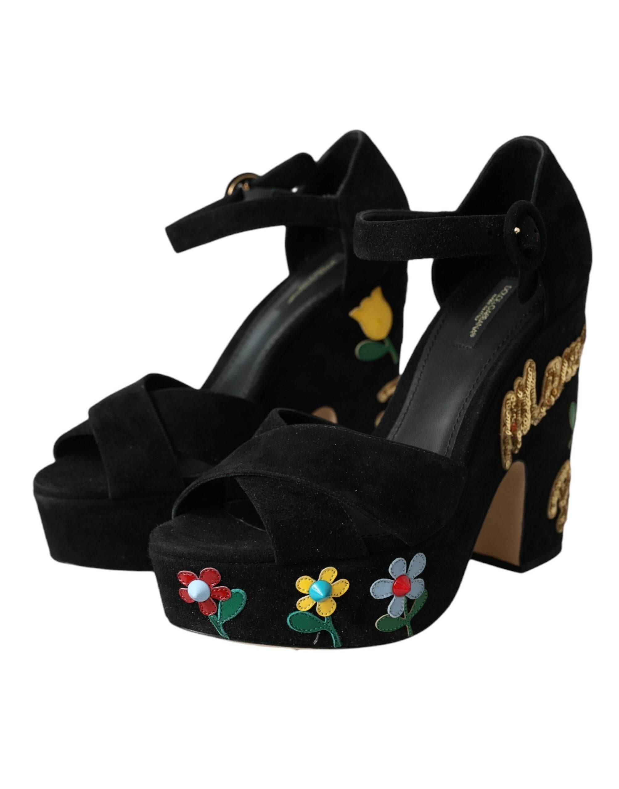 Dolce & Gabbana Black Floral Ankle Strap Heels Sandals Shoes - Hilstor