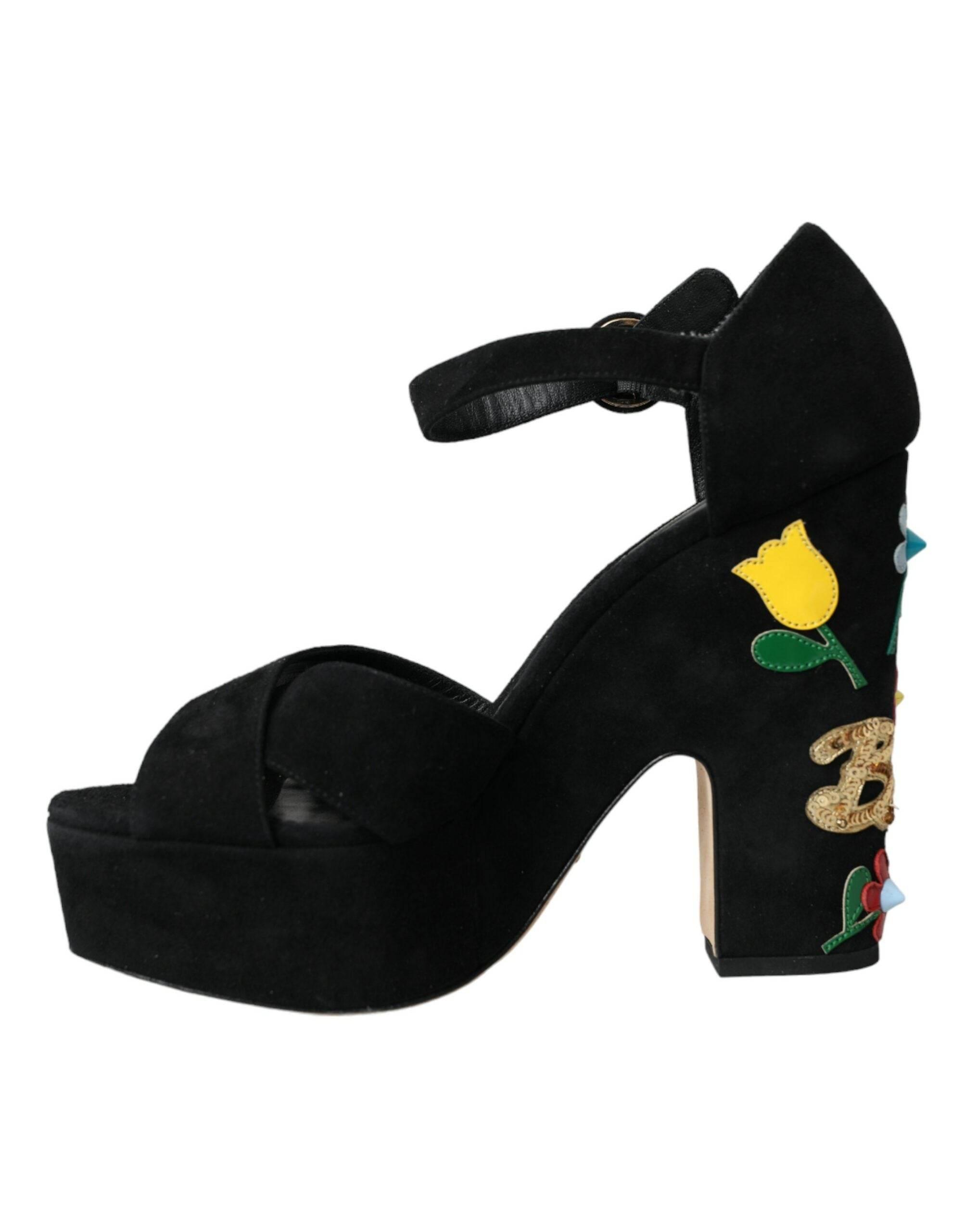 Dolce & Gabbana Black Floral Ankle Strap Heels Sandals Shoes - Hilstor