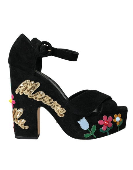 Dolce & Gabbana Black Floral Ankle Strap Heels Sandals Shoes - Hilstor