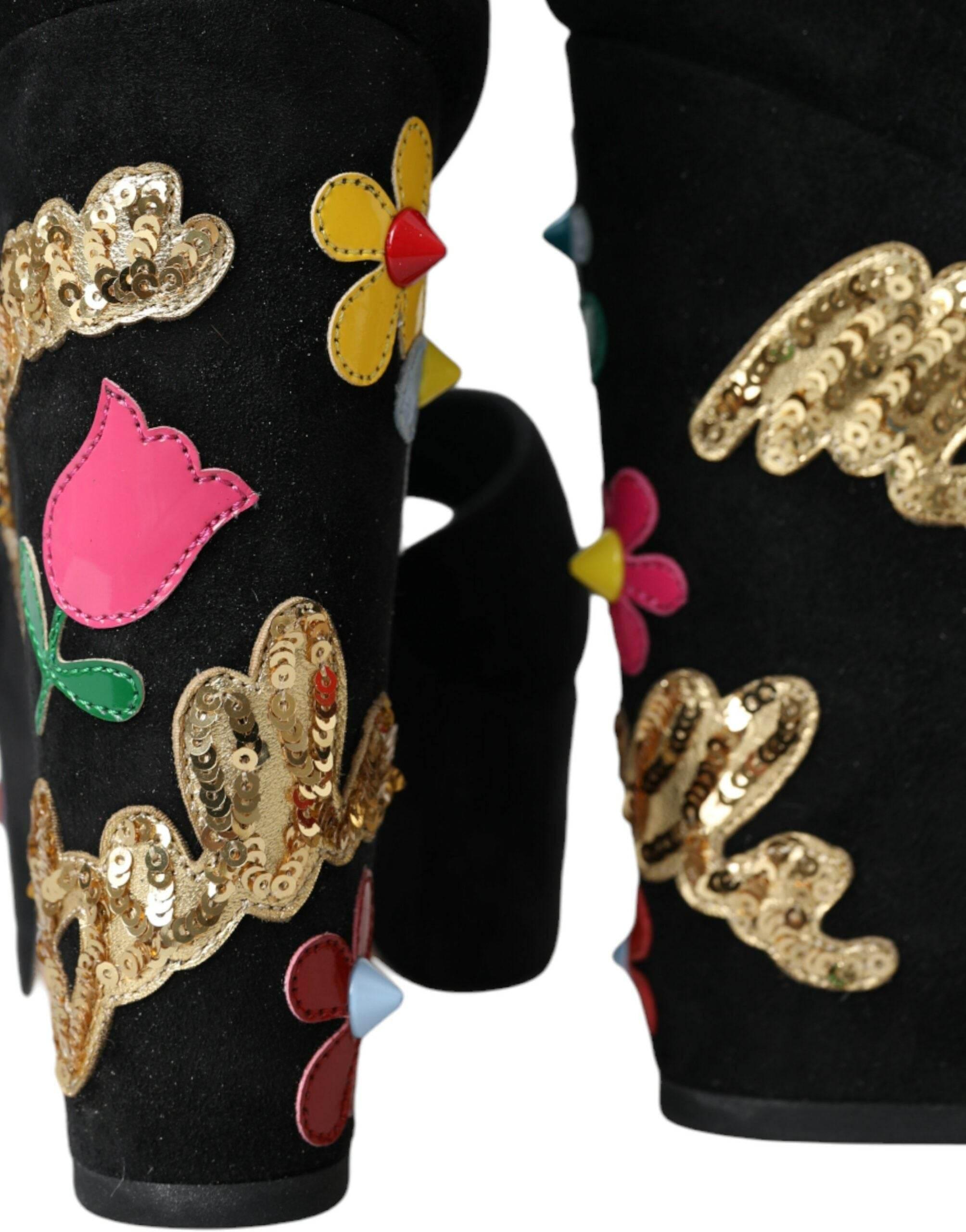 Dolce & Gabbana Black Floral Ankle Strap Heels Sandals Shoes - Hilstor