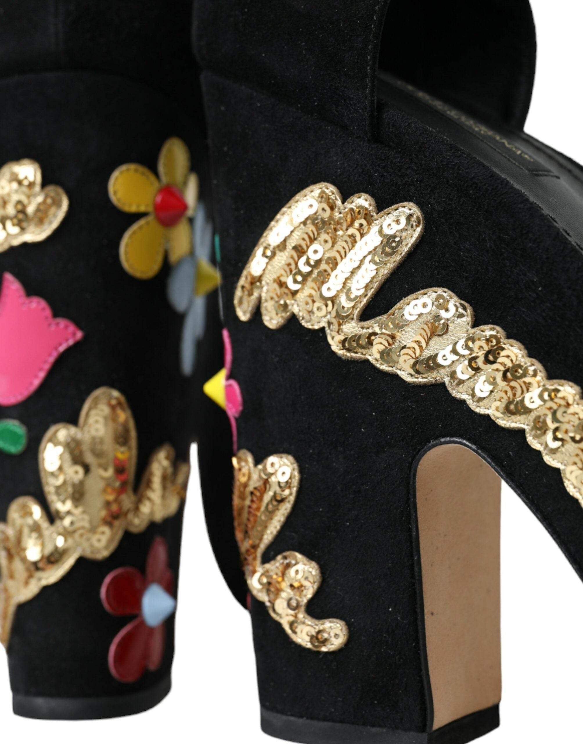 Dolce & Gabbana Black Floral Ankle Strap Heels Sandals Shoes - Hilstor