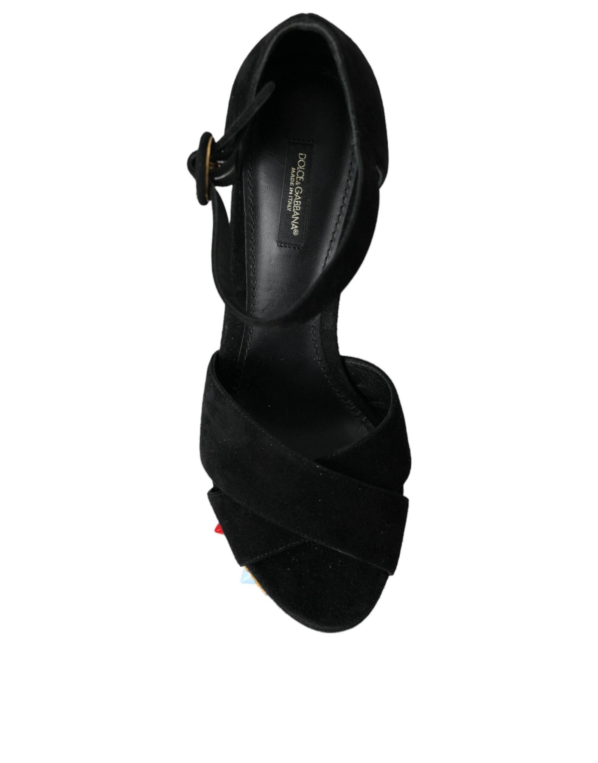 Dolce & Gabbana Black Floral Ankle Strap Heels Sandals Shoes - Hilstor