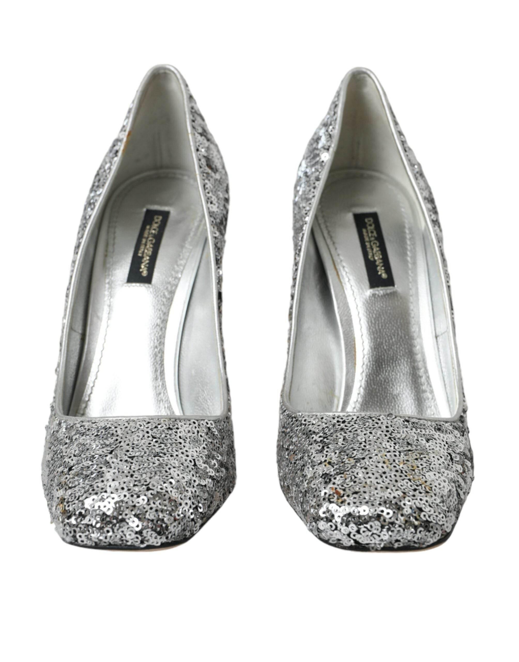 Dolce & Gabbana Silver Sequin Embellished Heels Pumps Shoes - Hilstor
