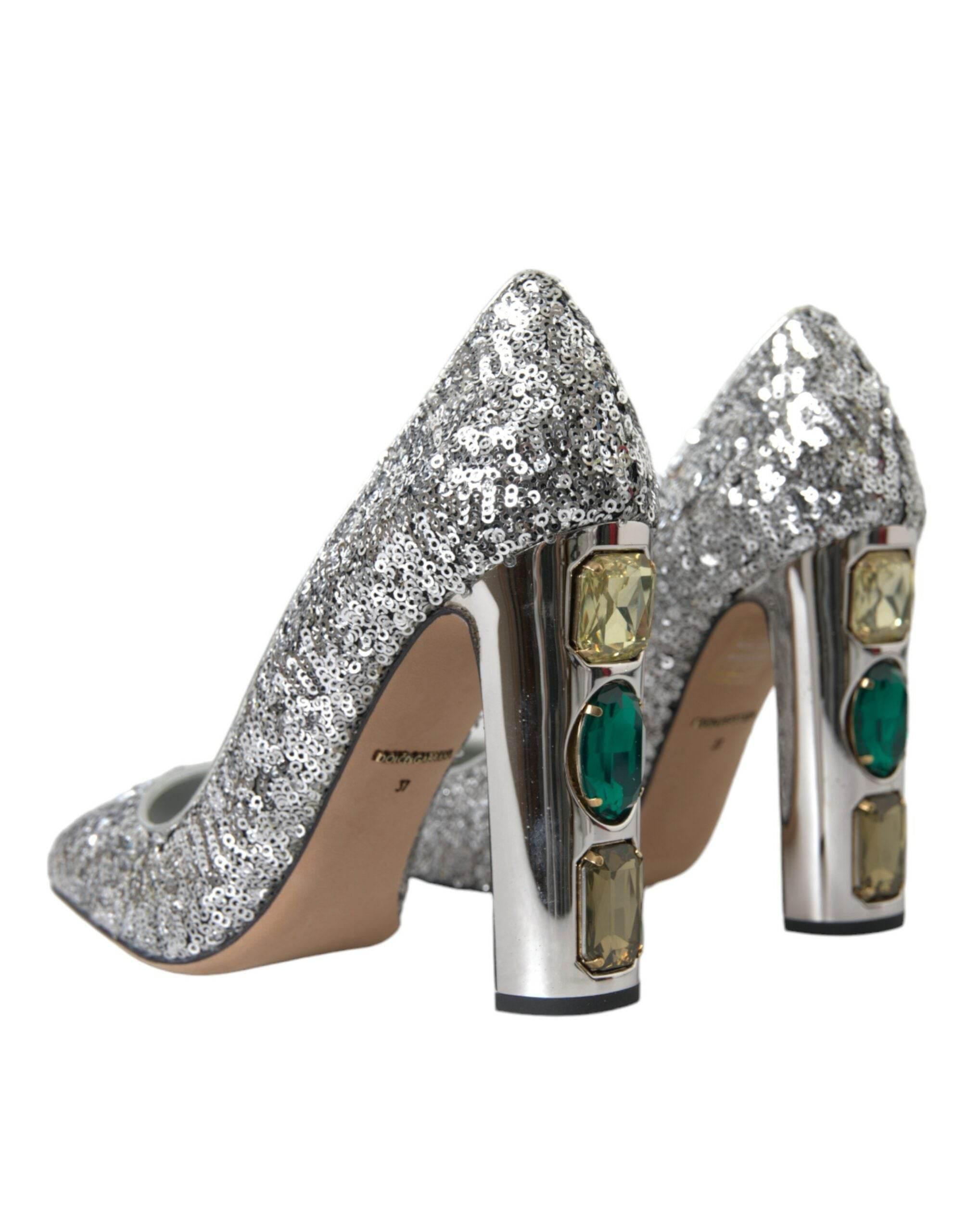 Dolce & Gabbana Silver Sequin Embellished Heels Pumps Shoes - Hilstor