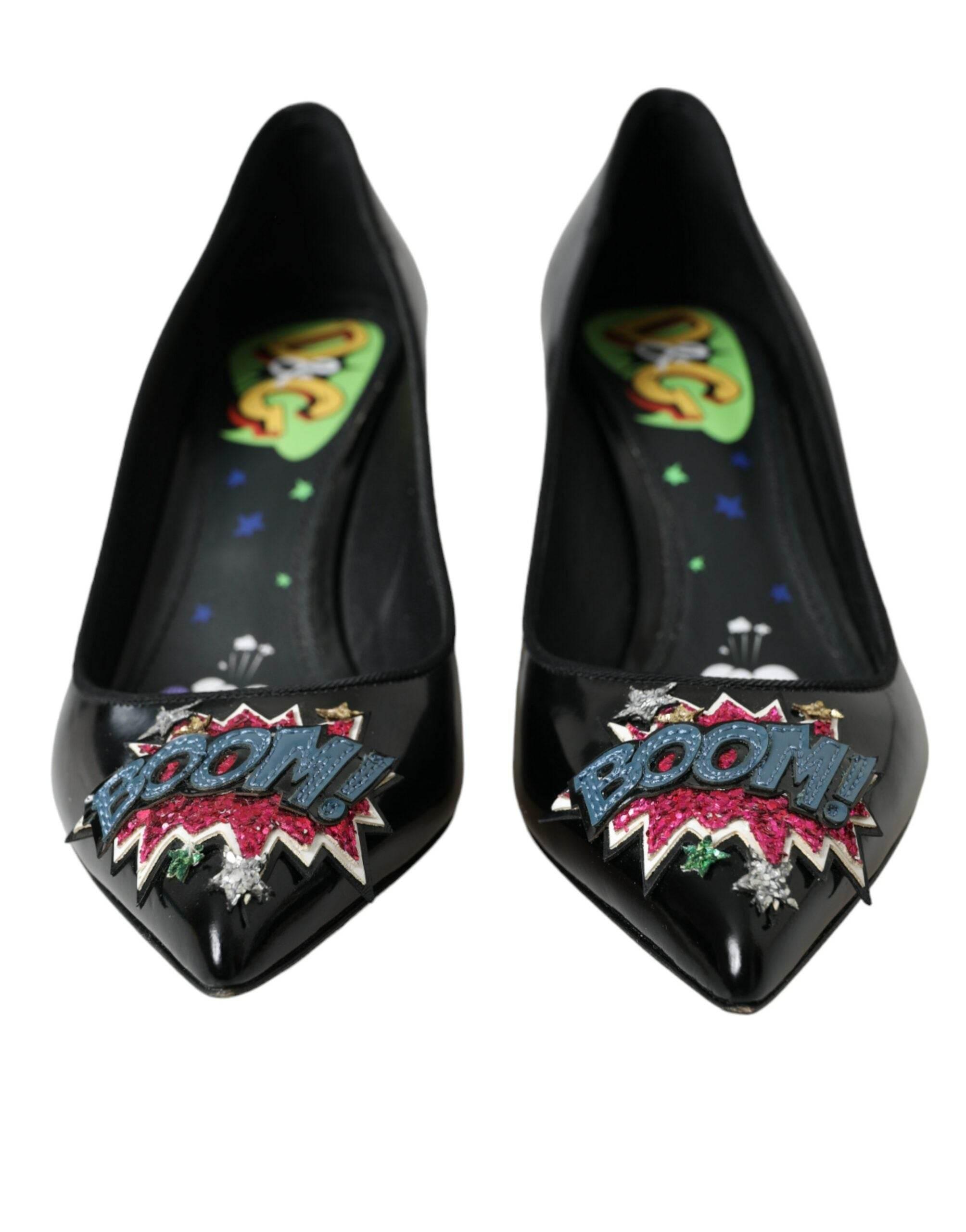 Dolce & Gabbana Black Leather BOOM Patch Heels Pumps Shoes - Hilstor