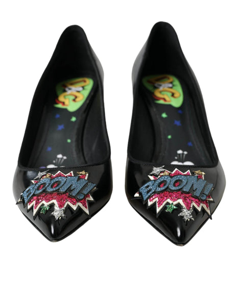 Dolce & Gabbana Black Leather BOOM Patch Heels Pumps Shoes - Hilstor