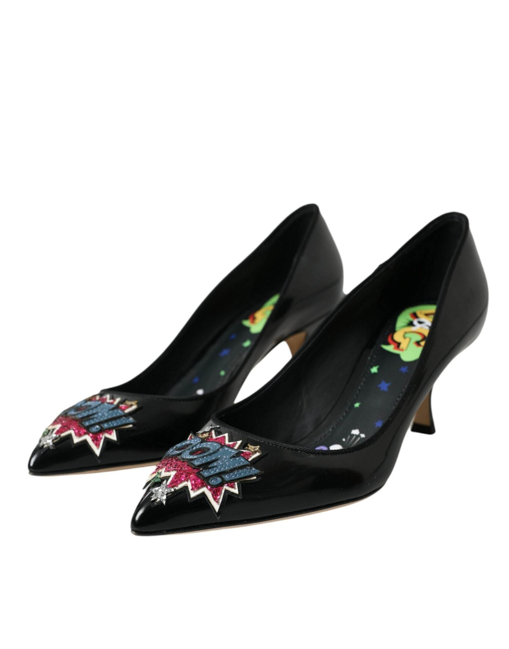 Dolce & Gabbana Black Leather BOOM Patch Heels Pumps Shoes - Hilstor