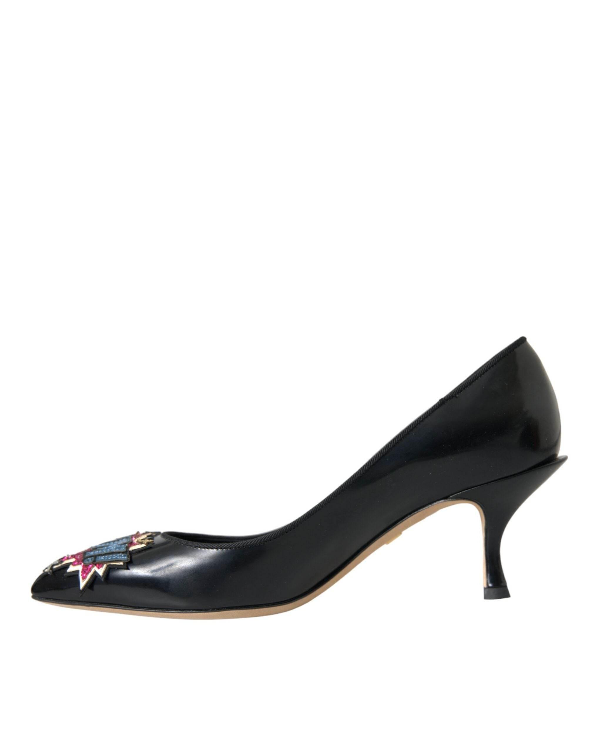 Dolce & Gabbana Black Leather BOOM Patch Heels Pumps Shoes - Hilstor