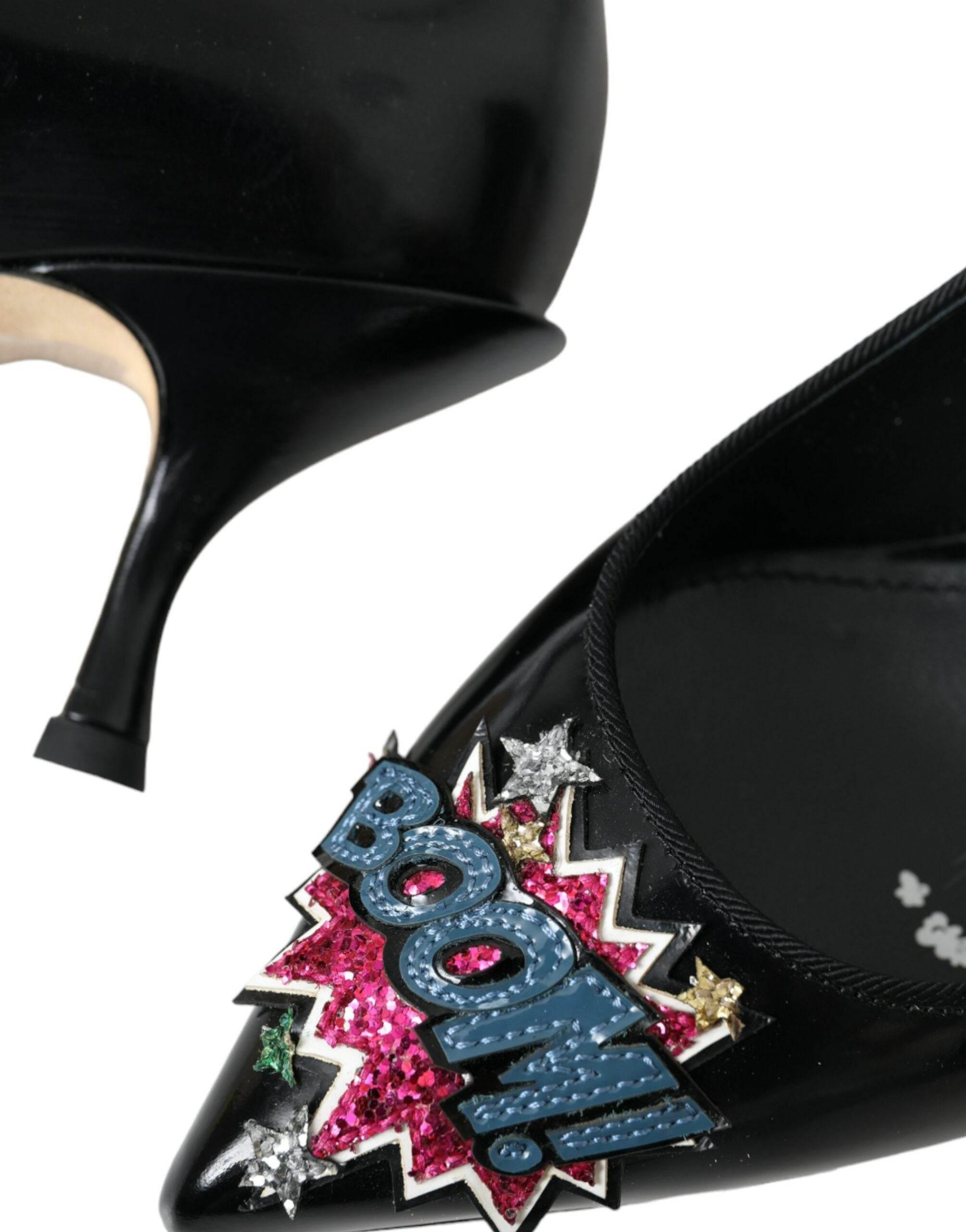 Dolce & Gabbana Black Leather BOOM Patch Heels Pumps Shoes - Hilstor