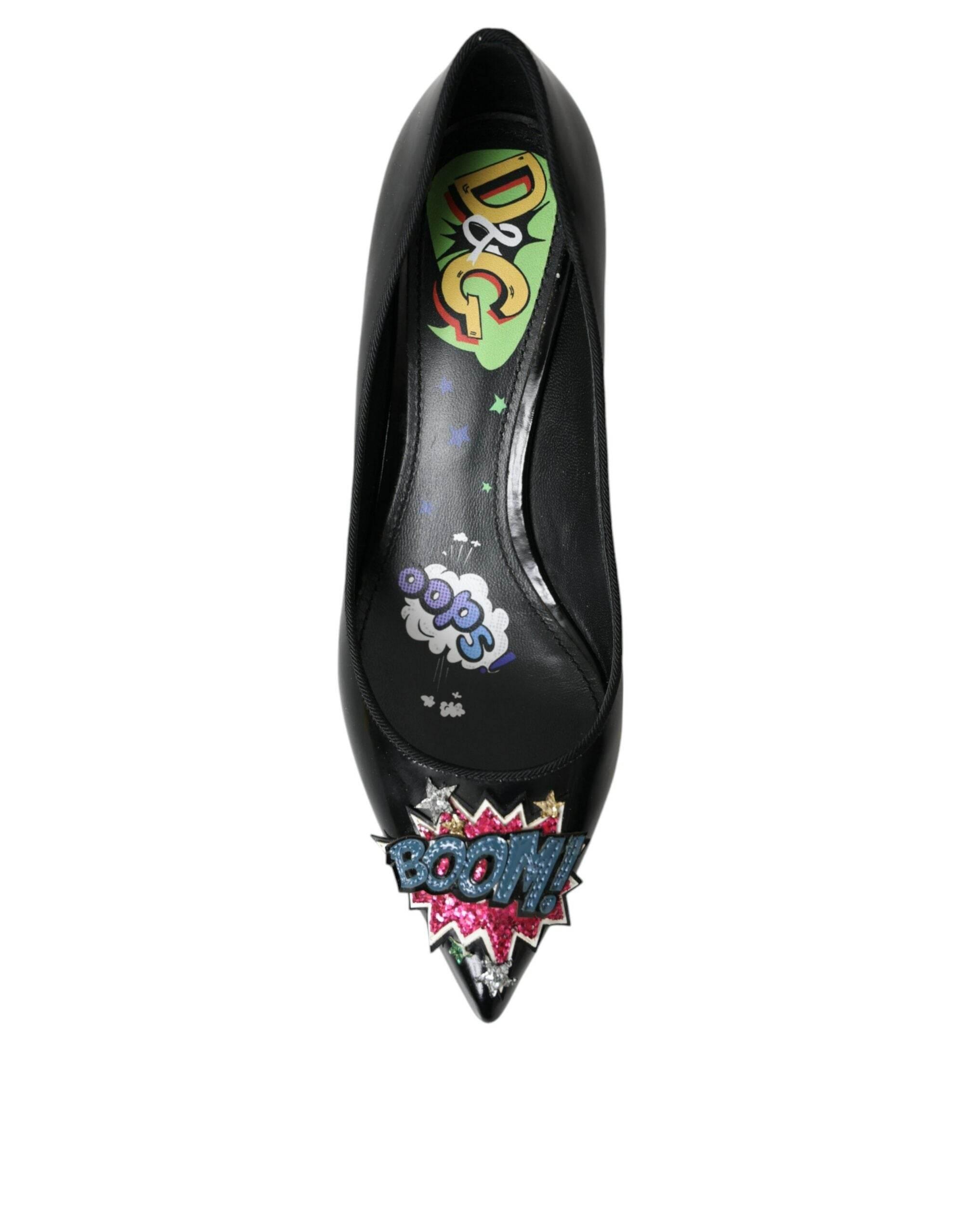 Dolce & Gabbana Black Leather BOOM Patch Heels Pumps Shoes - Hilstor