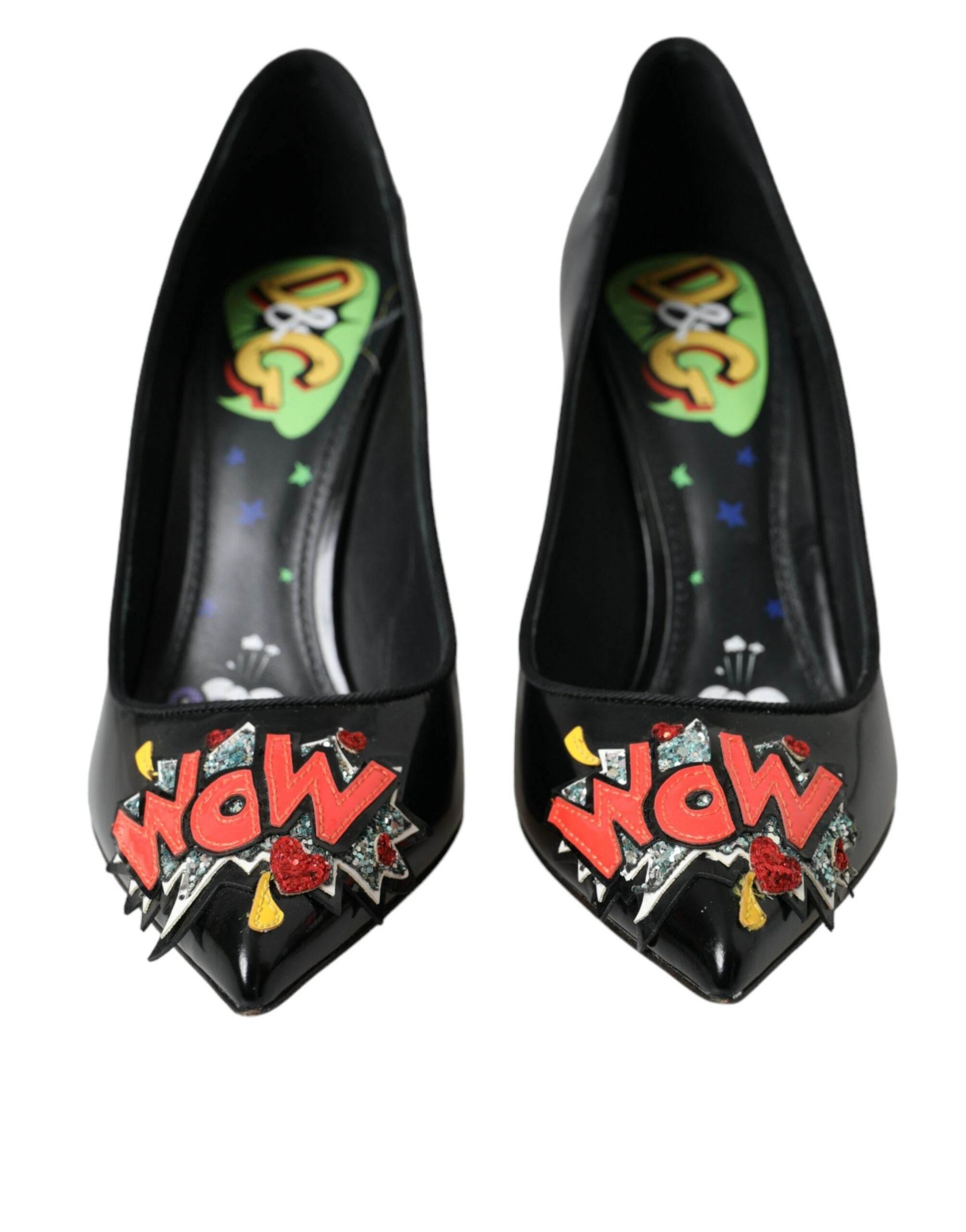 Dolce & Gabbana Black Leather WOW Patch Heels Pumps Shoes - Hilstor