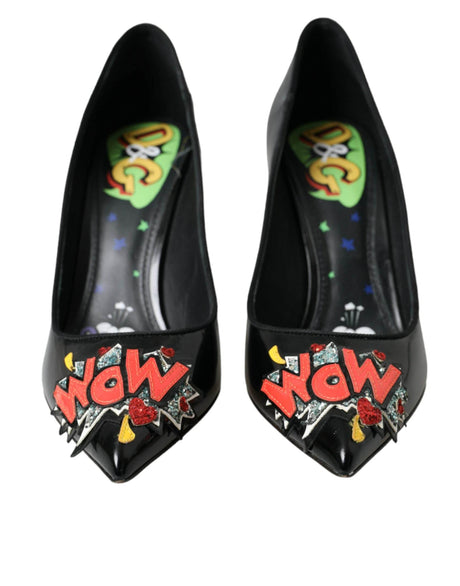 Dolce & Gabbana Black Leather WOW Patch Heels Pumps Shoes - Hilstor