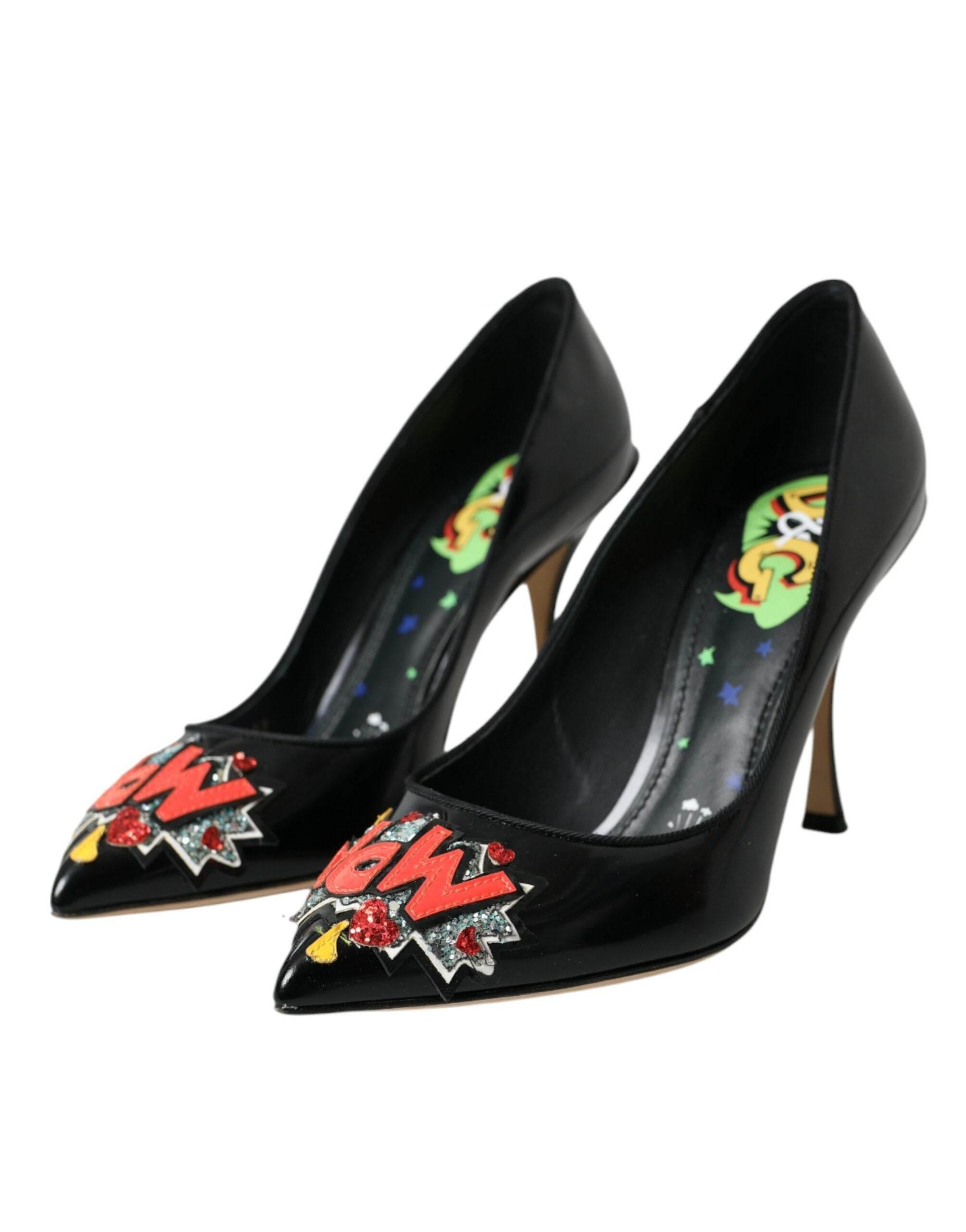 Dolce & Gabbana Black Leather WOW Patch Heels Pumps Shoes - Hilstor