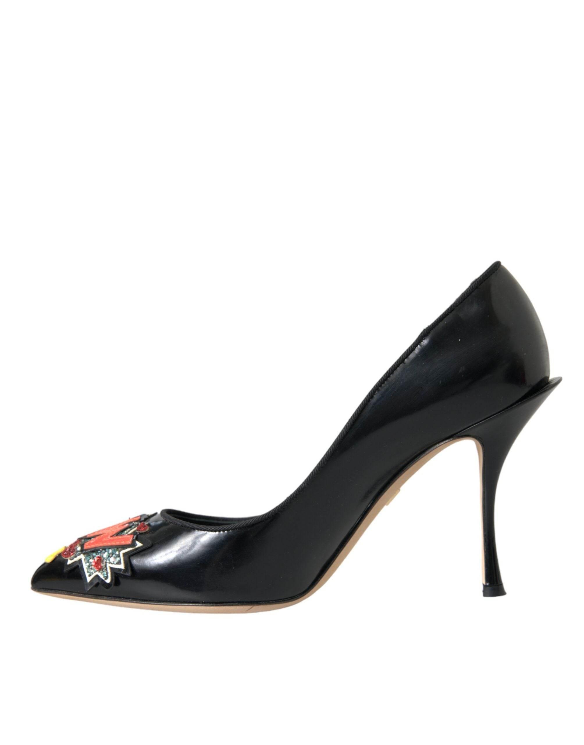 Dolce & Gabbana Black Leather WOW Patch Heels Pumps Shoes - Hilstor